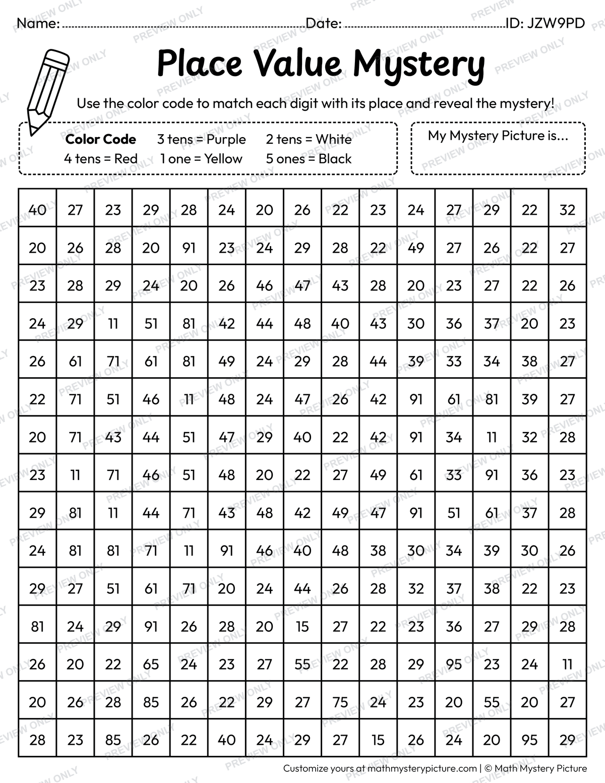 100th Day Balloons 2-digit Place Value Math Mystery Picture Coloring Worksheet