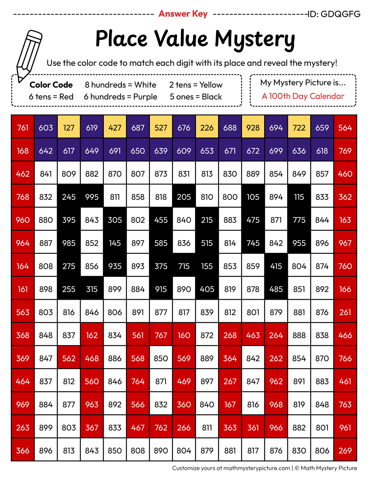 100th Day Calendar 3-digit Place Value Math Mystery Picture Color by Number Answer Key
