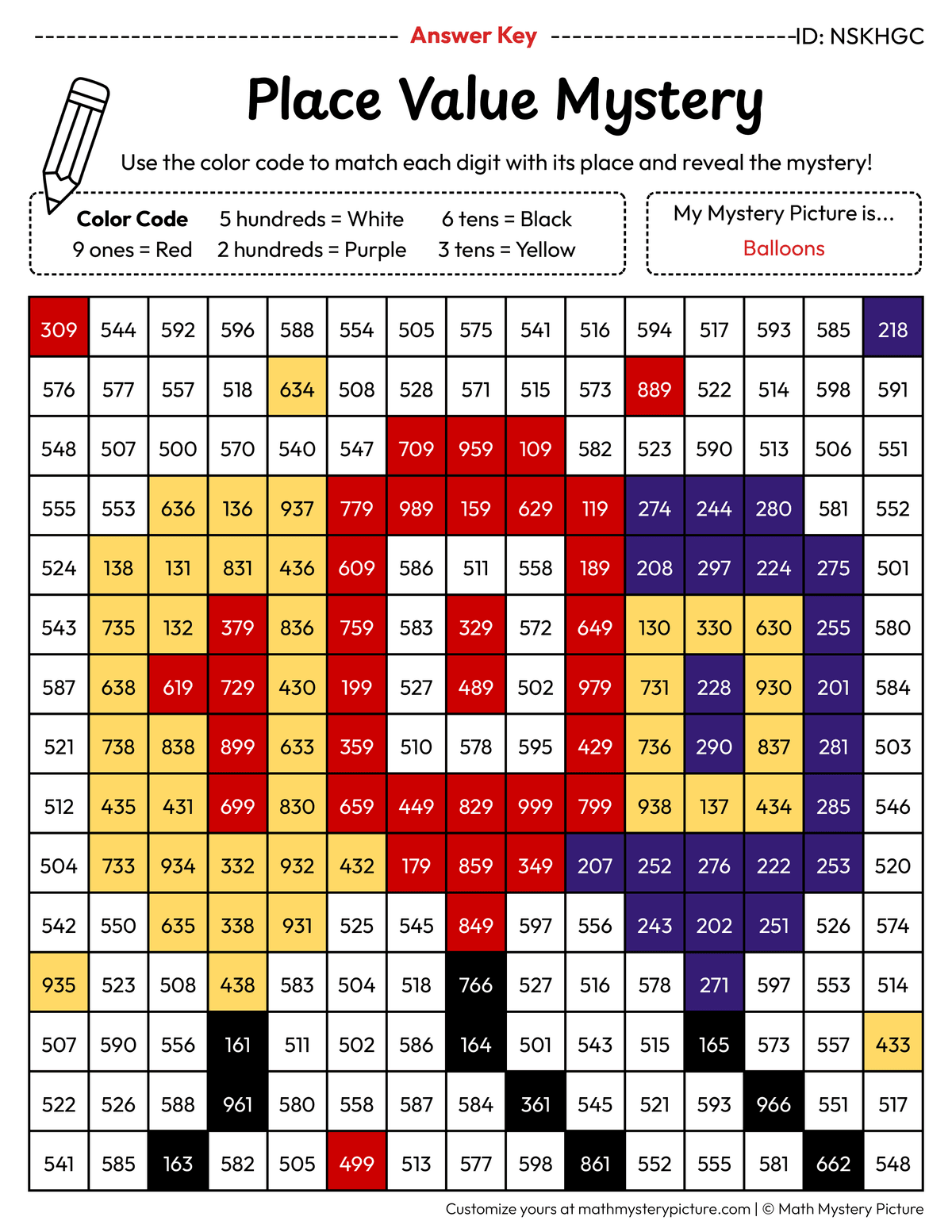 100th Day Balloons 3-digit Place Value Math Mystery Picture Color by Number Answer Key