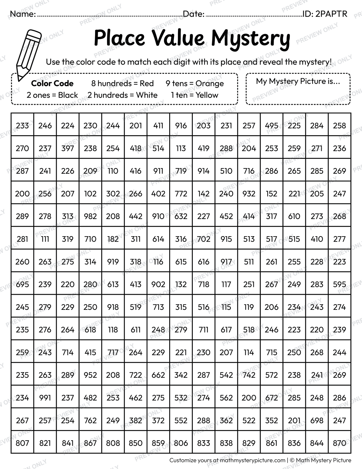 100th Day Smart Star 3-digit Place Value Math Mystery Picture Coloring Worksheet