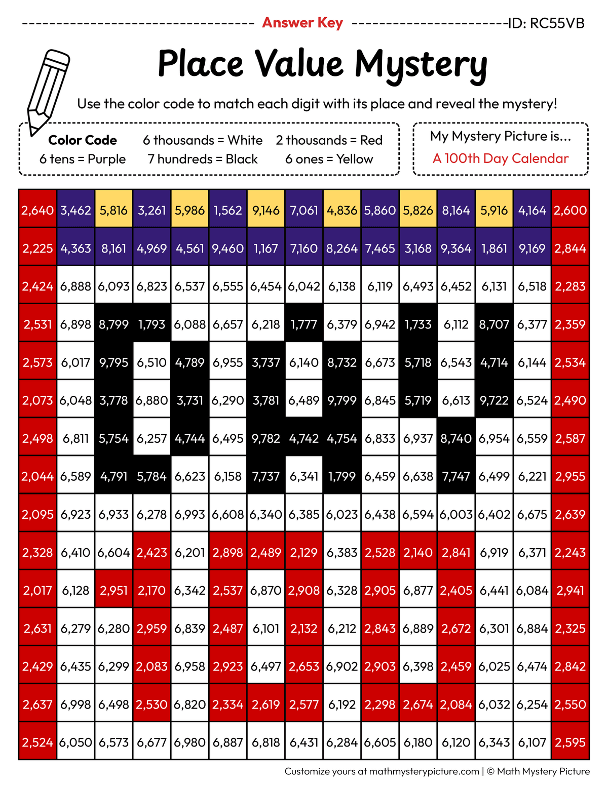 100th Day Calendar 4-digit Place Value Math Mystery Picture Color by Number Answer Key