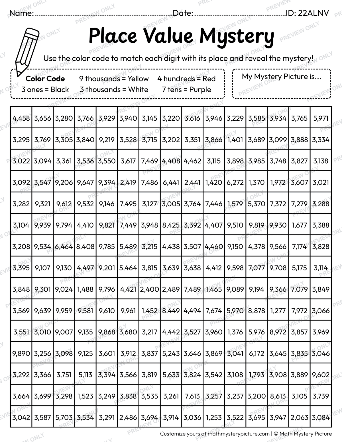 100th Day Balloons 4-digit Place Value Math Mystery Picture Coloring Worksheet