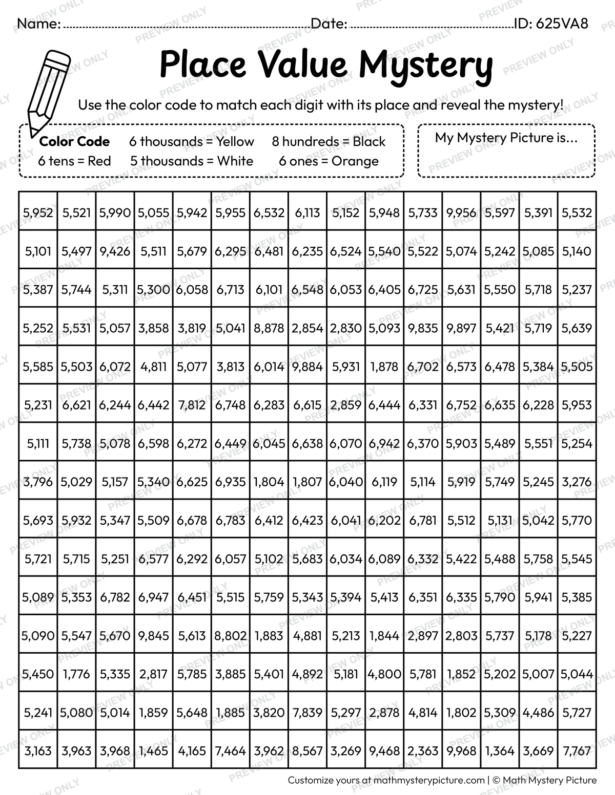 100th Day Smart Star 4-digit Place Value Math Mystery Picture Coloring Worksheet