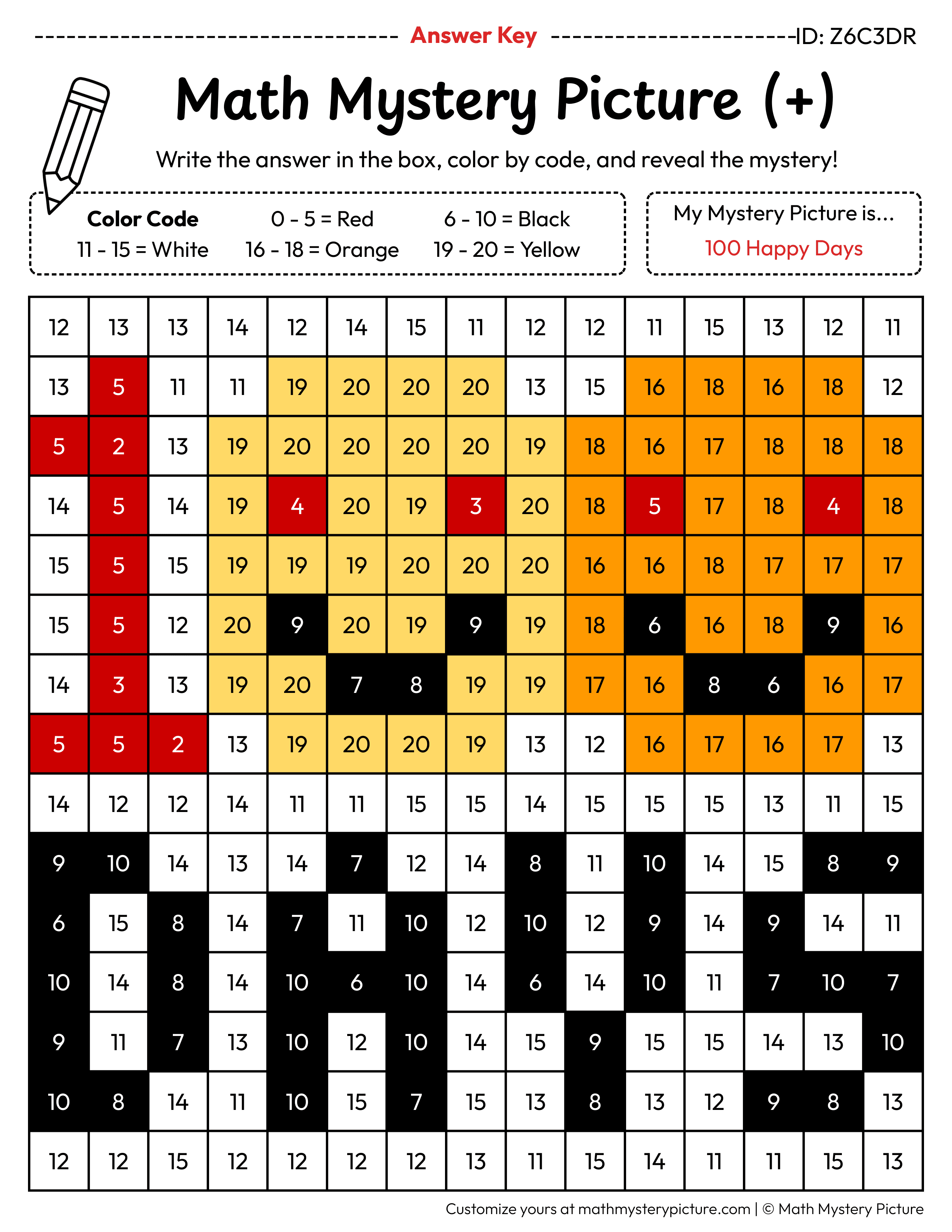 100 Happy Days Addition Within 20 Math Mystery Picture Color by Number Answer Key