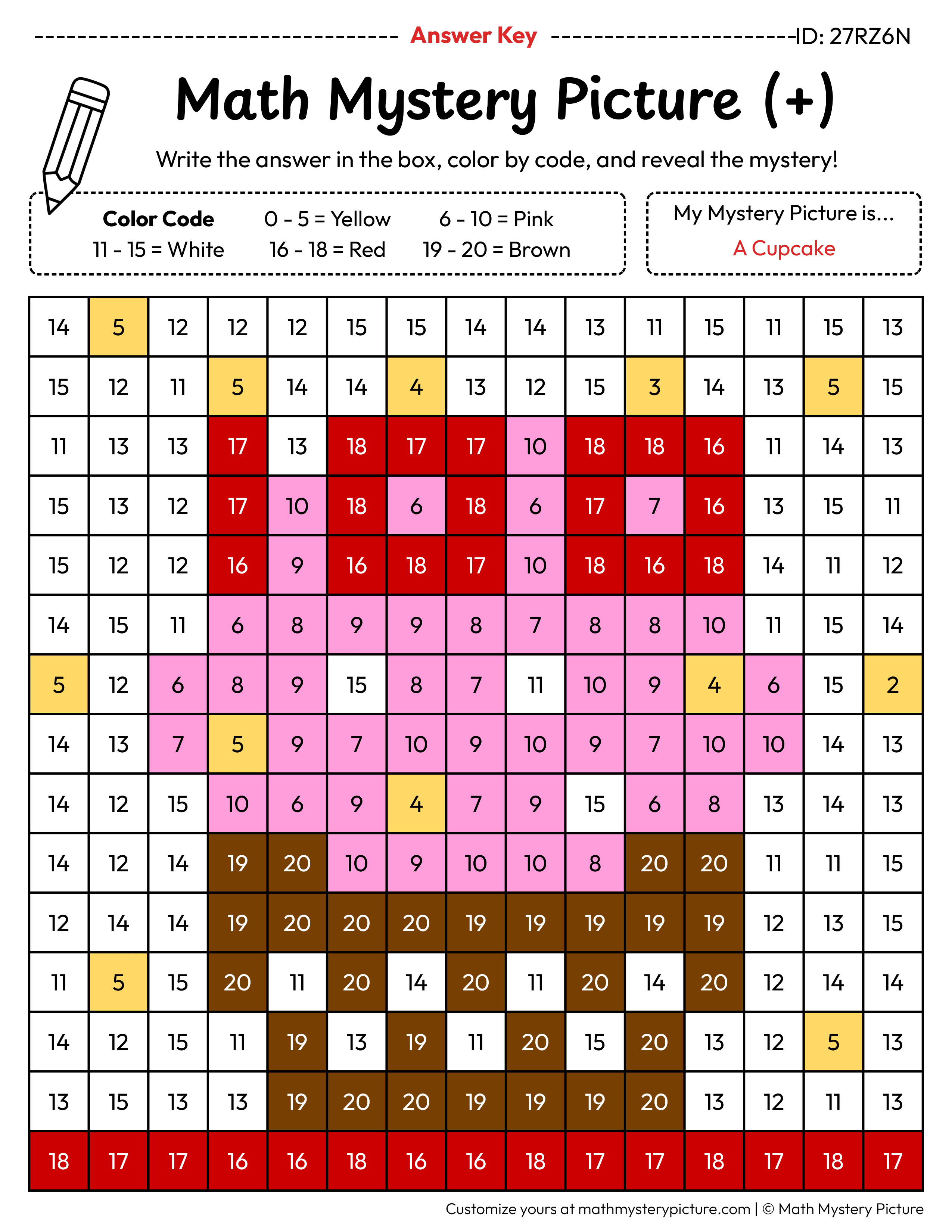 100th Day Cupcake Addition Within 20 Math Mystery Picture Color by Number Answer Key