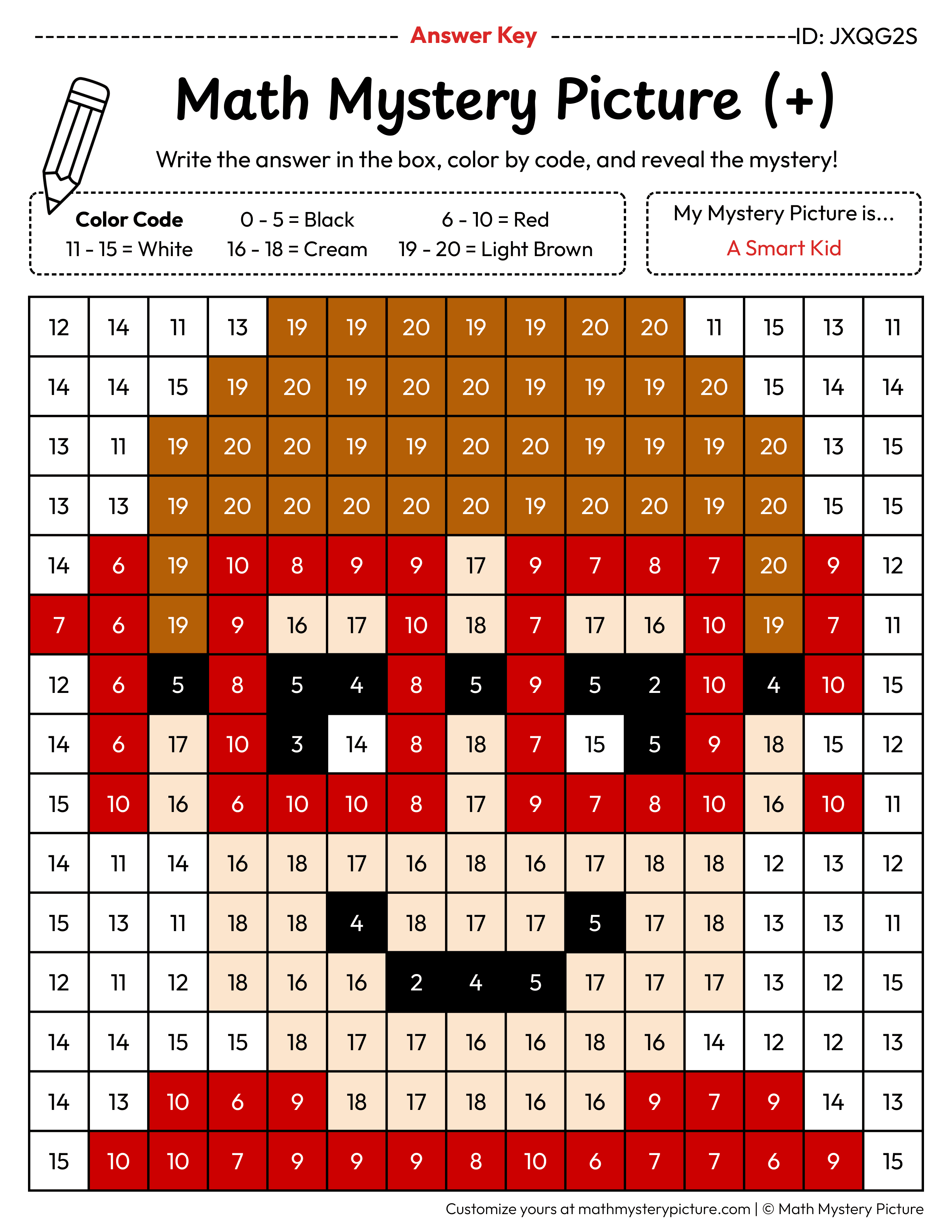 100th Day Smart Kid Addition Within 20 Math Mystery Picture Color by Number Answer Key