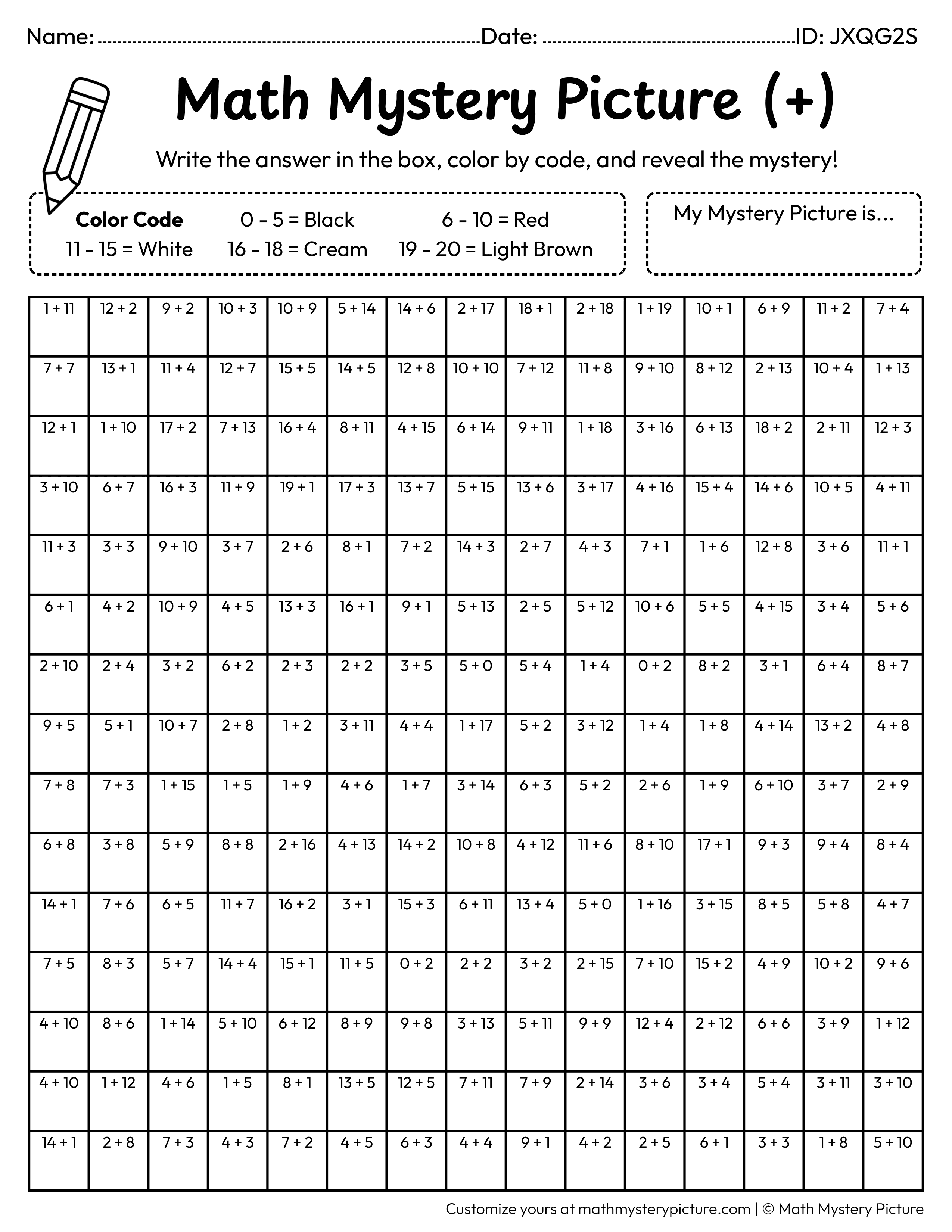 100th Day Smart Kid Addition Within 20 Math Mystery Picture Coloring Worksheet