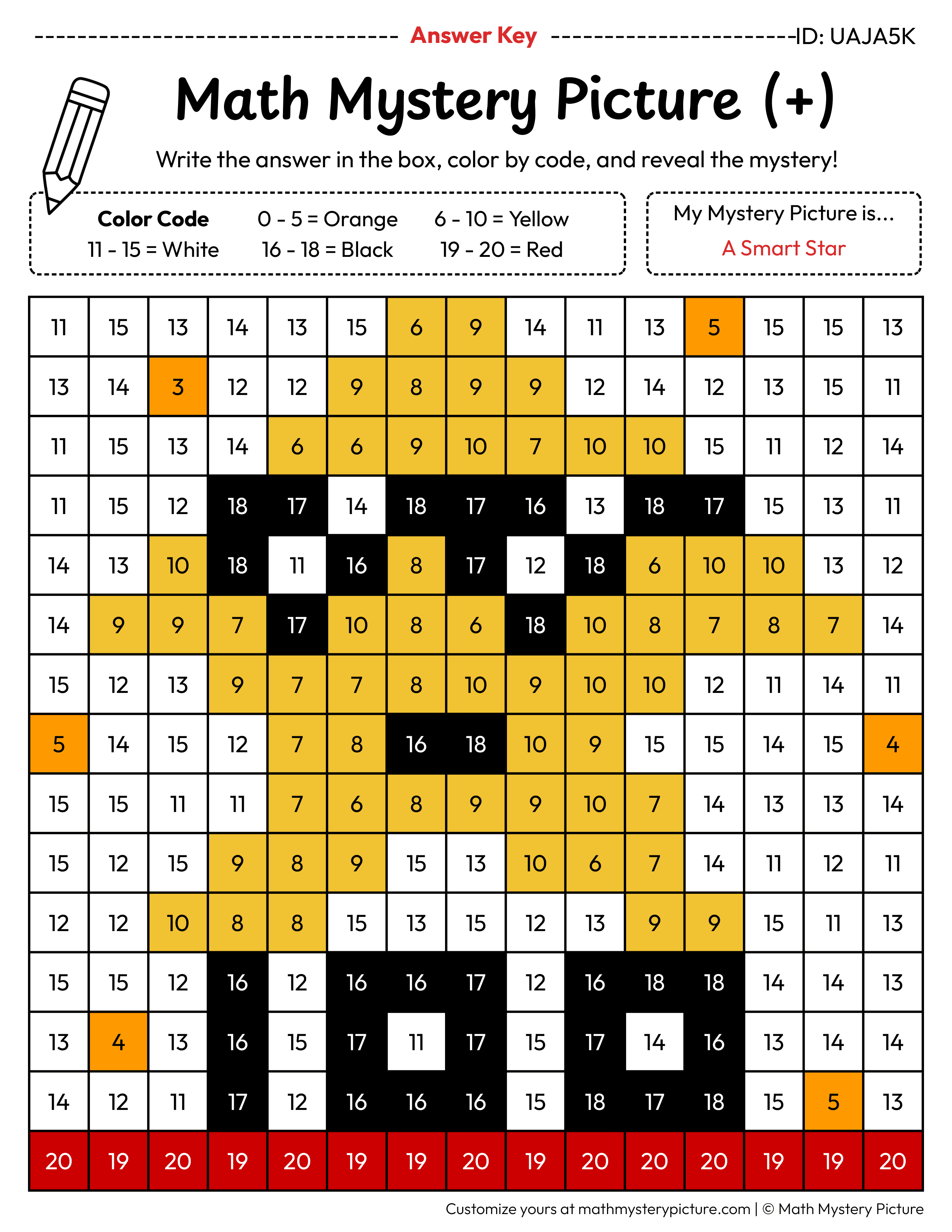 100th Day Smart Star Addition Within 20 Math Mystery Picture Color by Number Answer Key