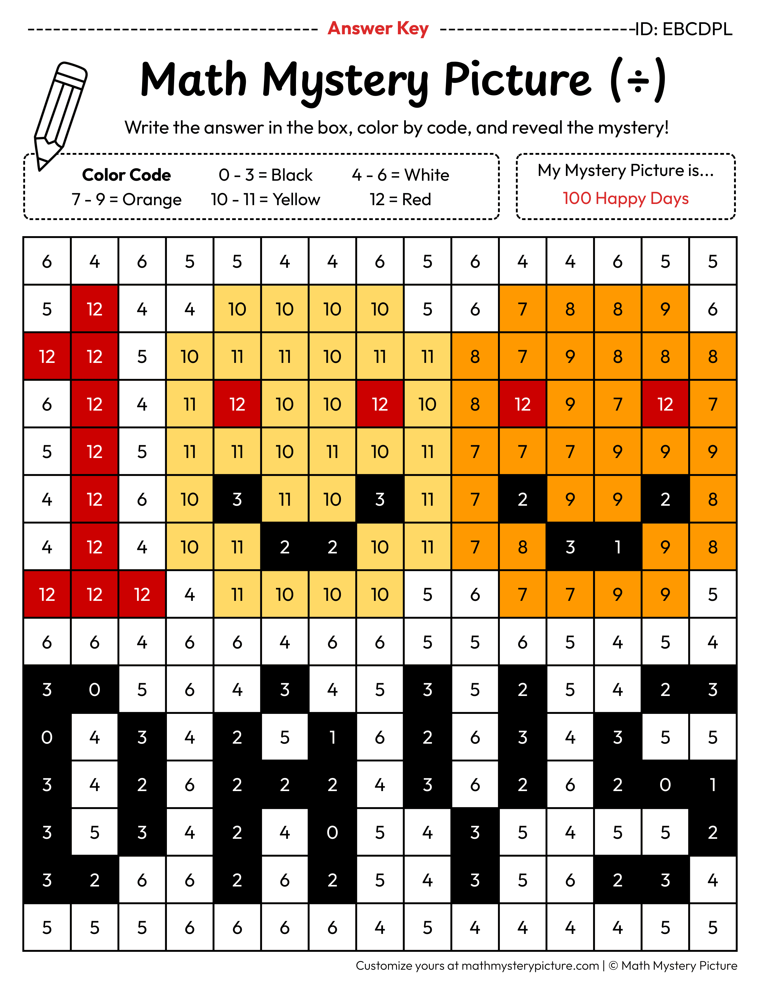 100 Happy Days Division Facts Math Mystery Picture Color by Number Answer Key