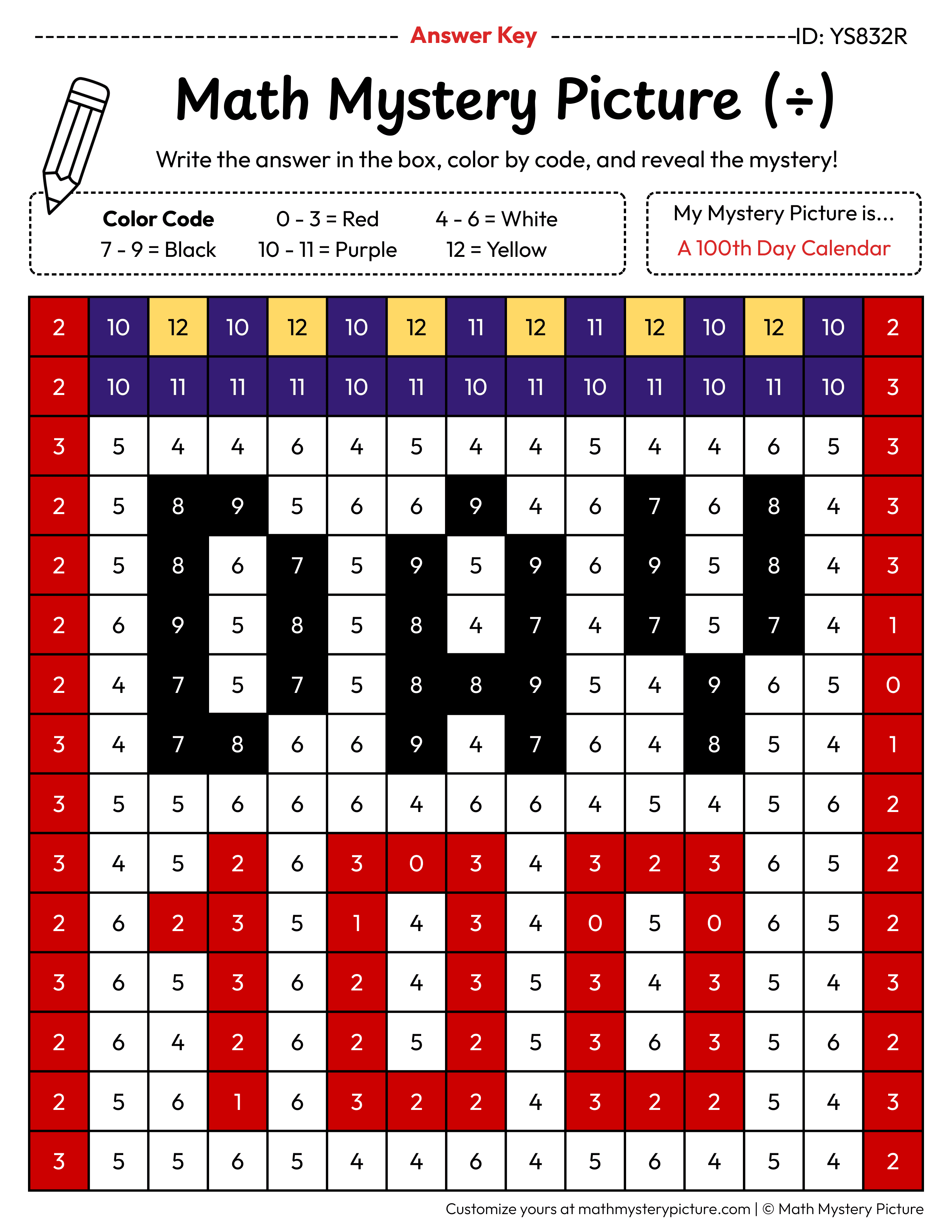 100th Day Calendar Division Facts Math Mystery Picture Color by Number Answer Key