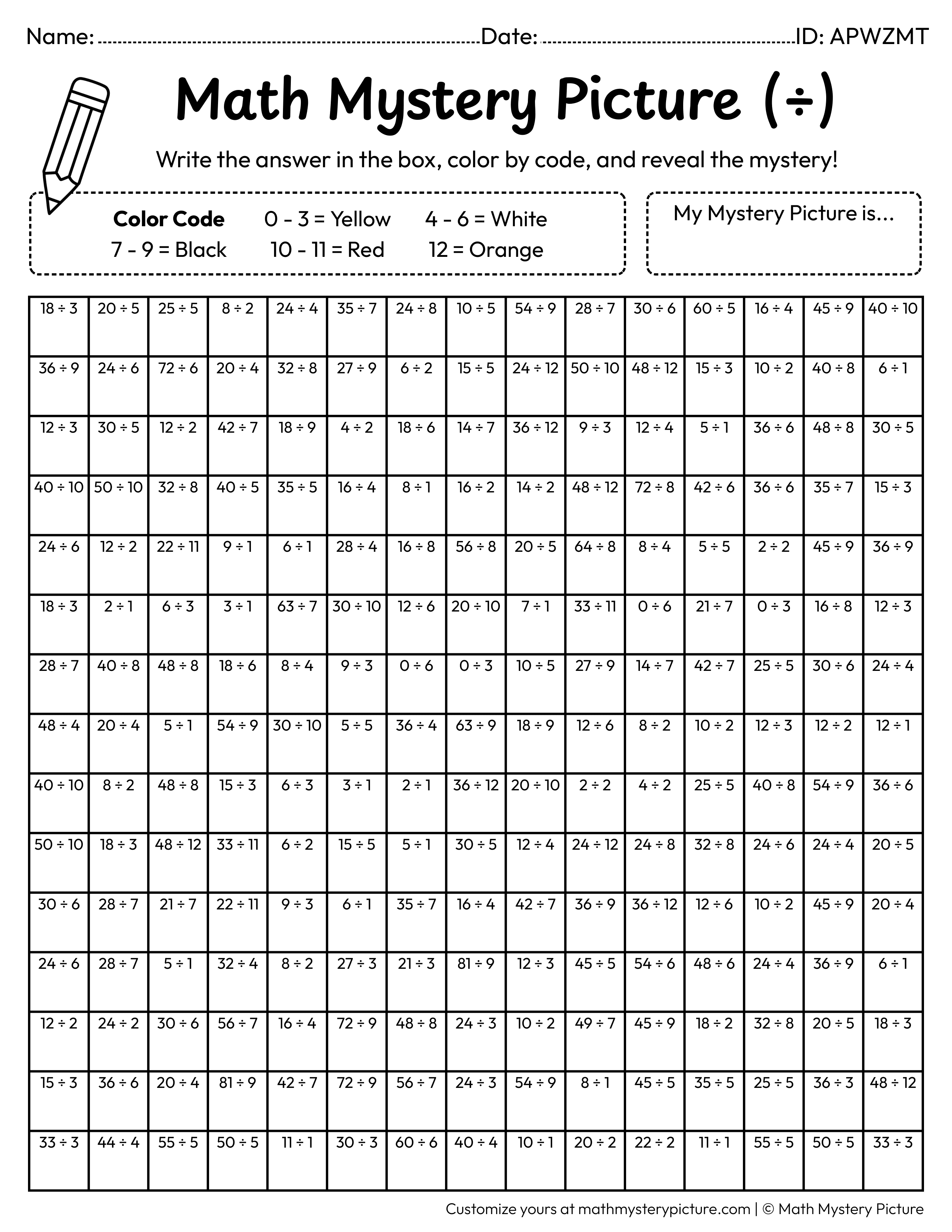 100th Day Smart Star Division Facts Math Mystery Picture Coloring Worksheet