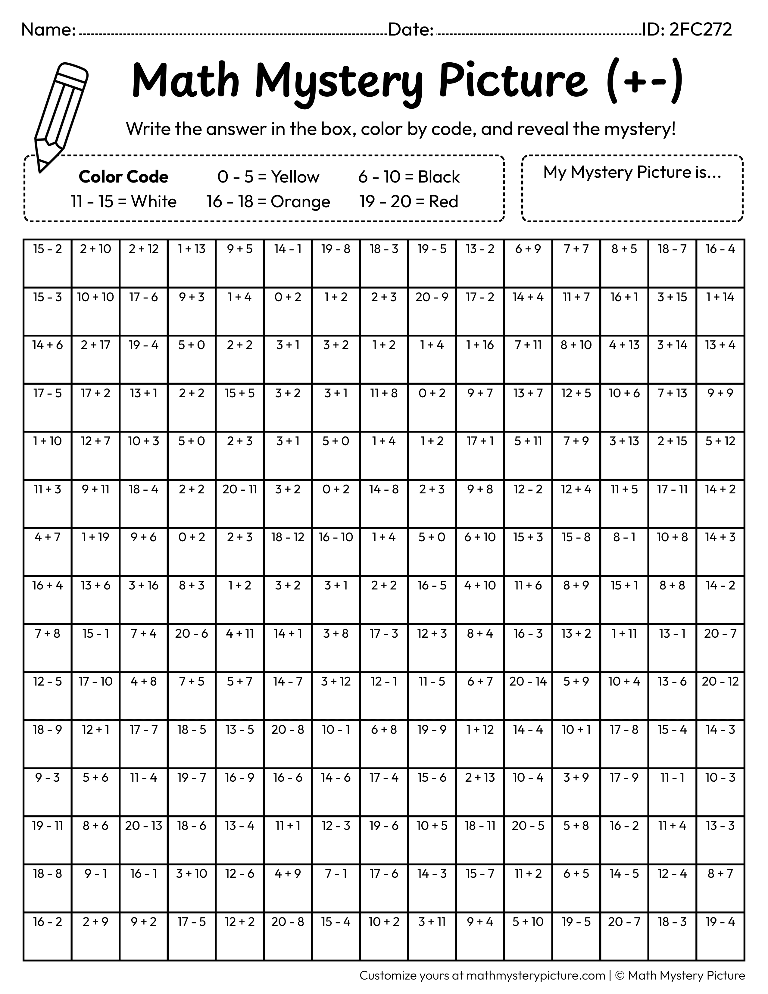 100 Happy Days Mixed Addition and Subtraction Within 20 Math Mystery Picture Coloring Worksheet