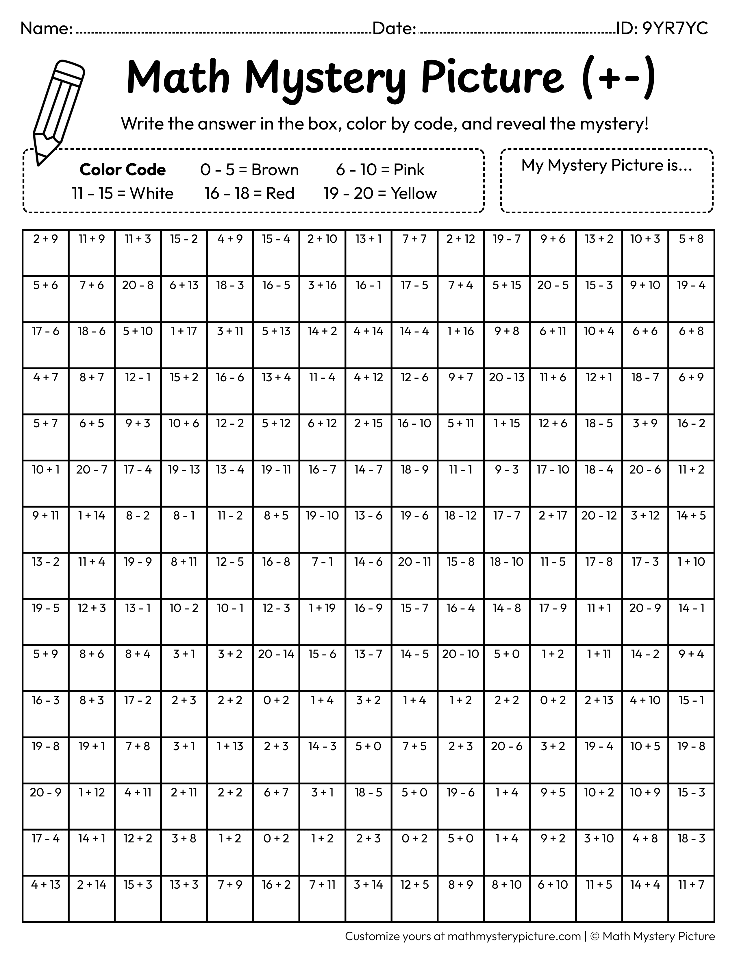 100th Day Cupcake Mixed Addition and Subtraction Within 20 Math Mystery Picture Coloring Worksheet