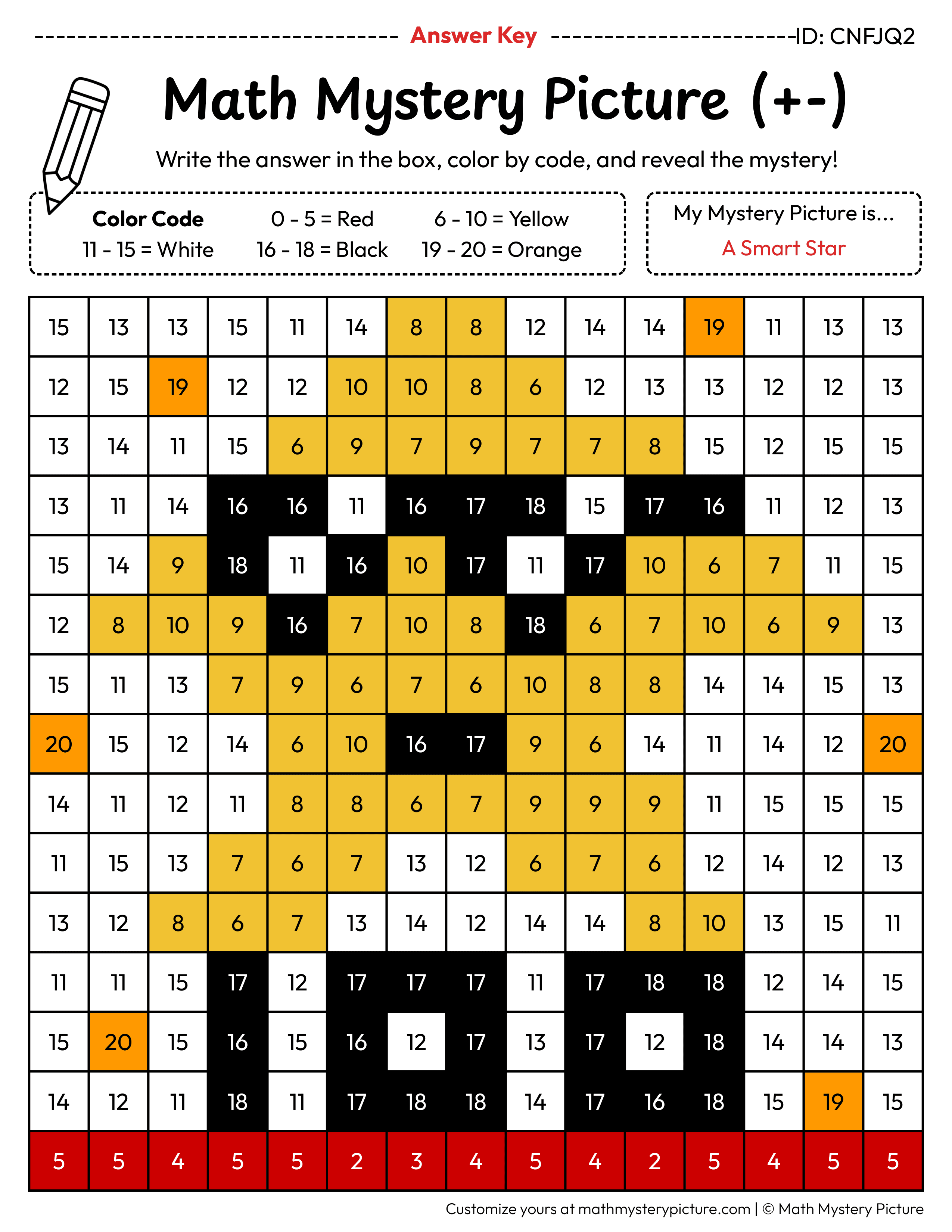 100th Day Smart Star Mixed Addition and Subtraction Within 20 Math Mystery Picture Color by Number Answer Key
