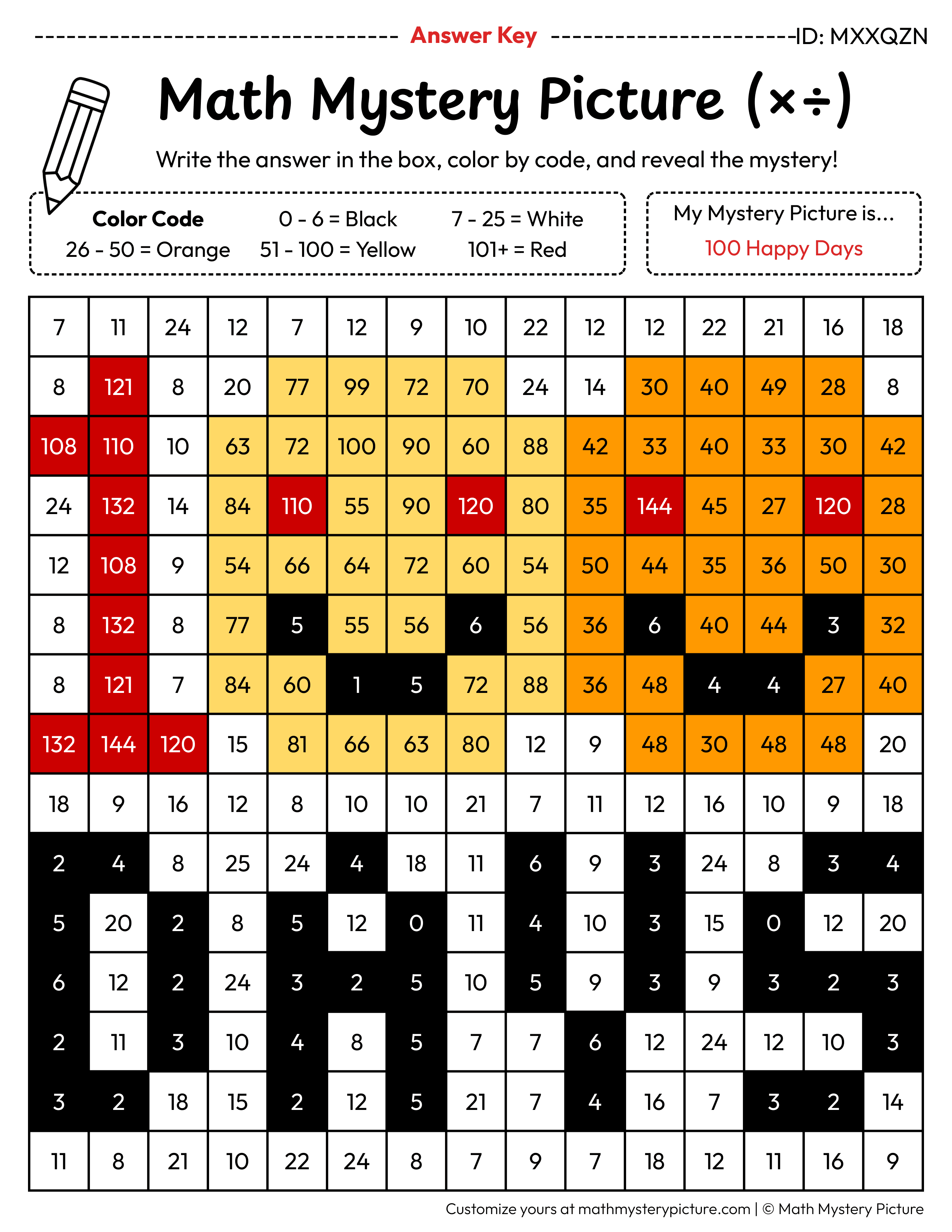 100 Happy Days Mixed Multiplication and Division Facts Math Mystery Picture Color by Number Answer Key