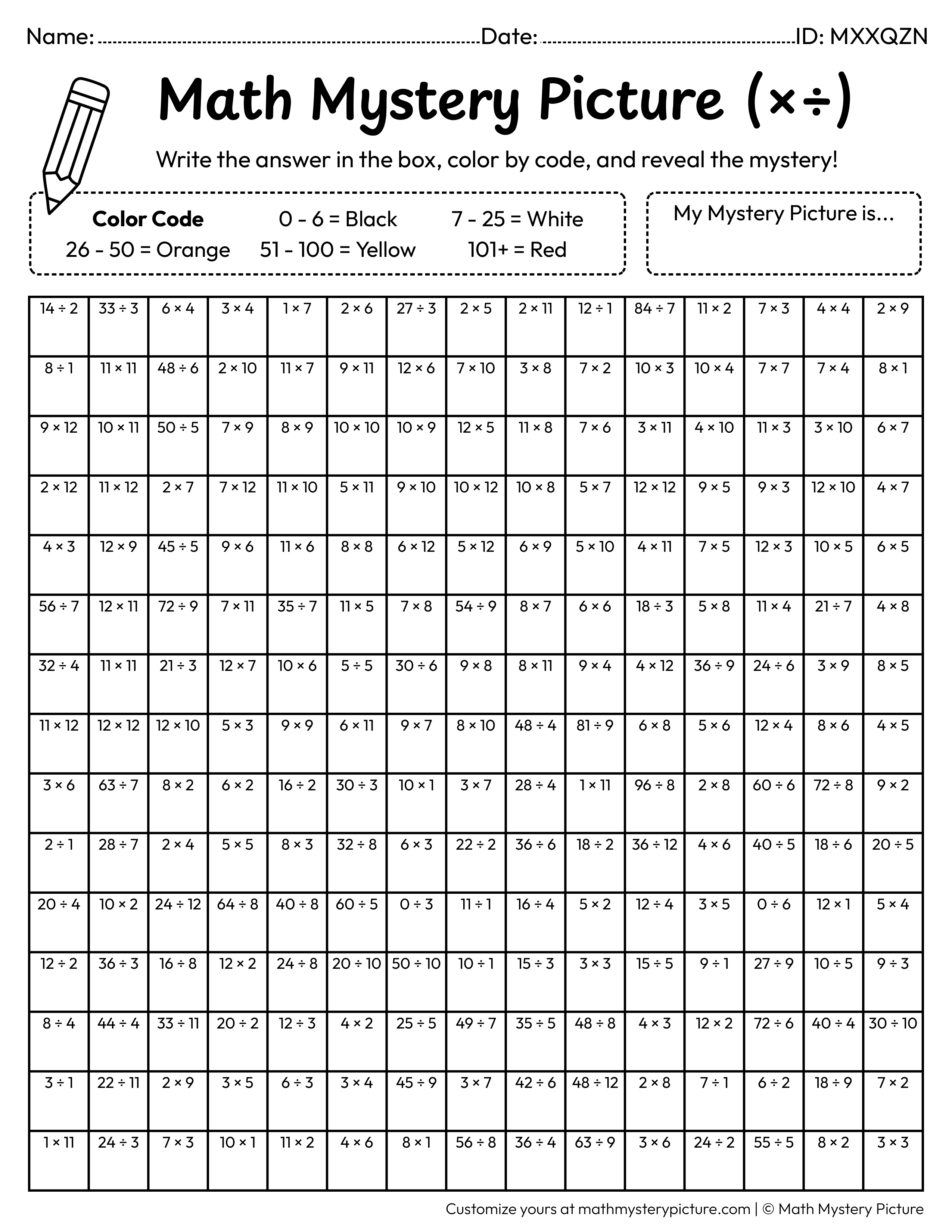 100 Happy Days Mixed Multiplication and Division Facts Math Mystery Picture Coloring Worksheet