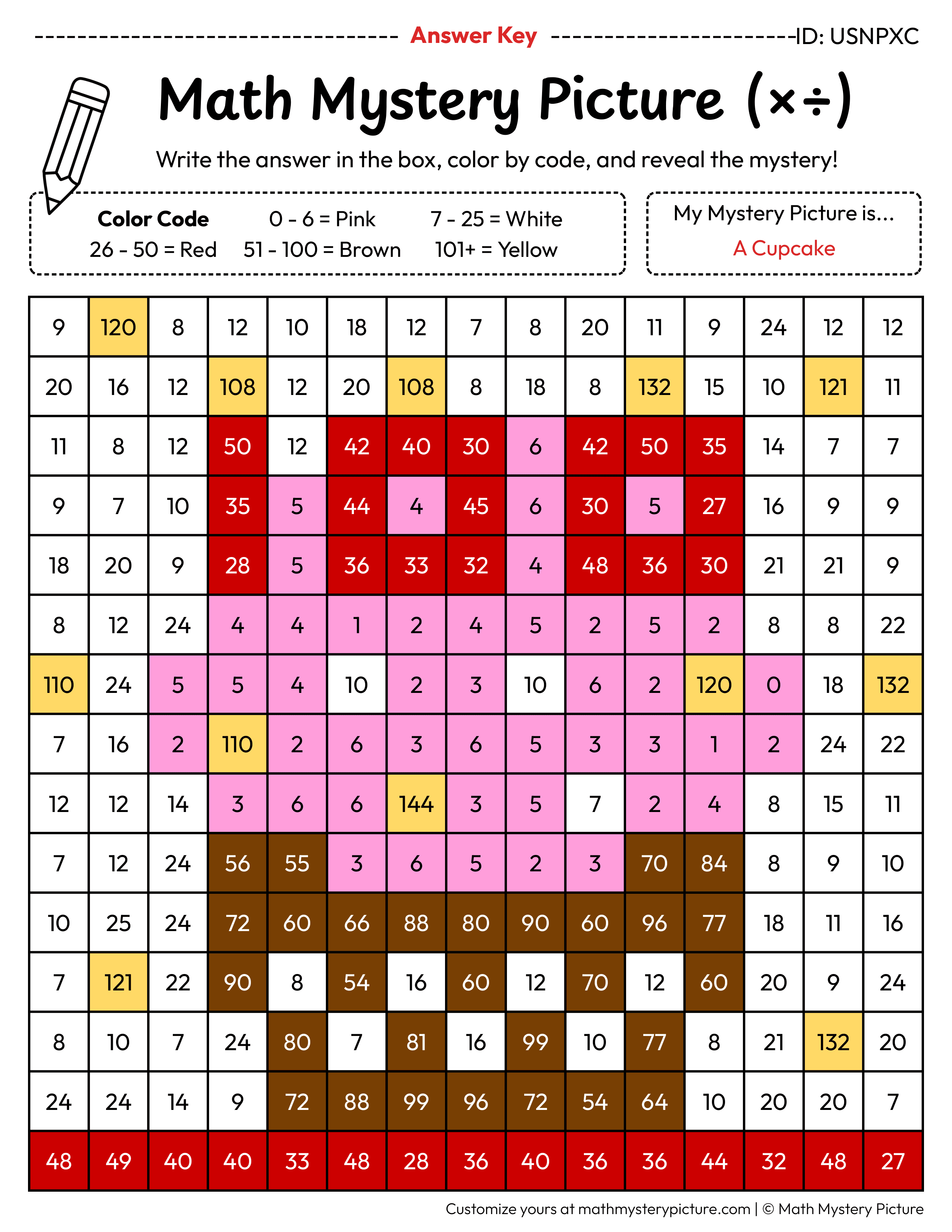 100th Day Cupcake Mixed Multiplication and Division Facts Math Mystery Picture Color by Number Answer Key
