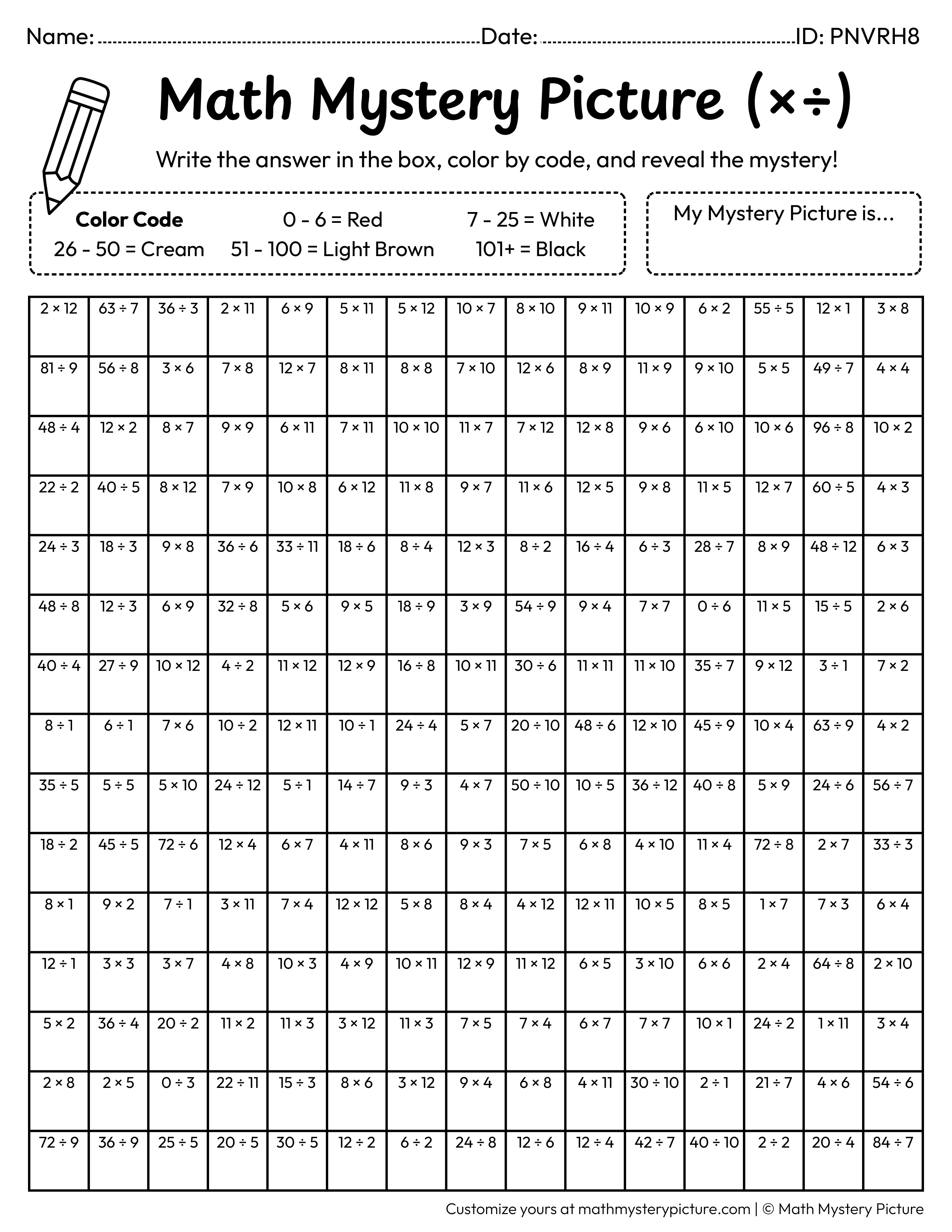 100th Day Smart Kid Mixed Multiplication and Division Facts Math Mystery Picture Coloring Worksheet