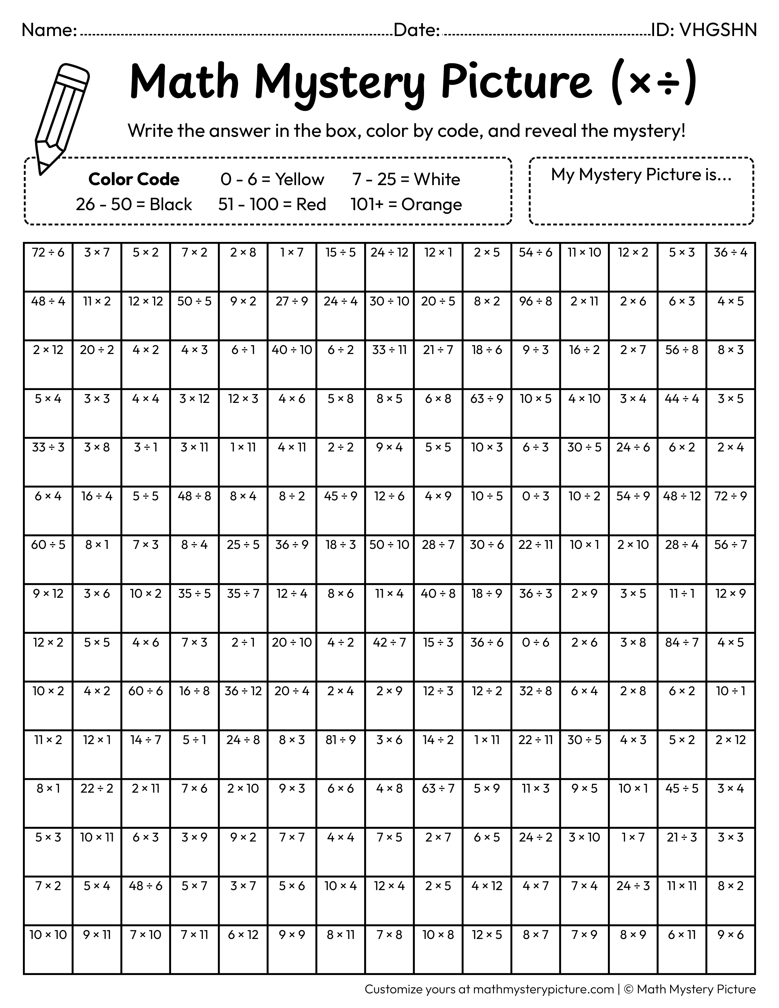 100th Day Smart Star Mixed Multiplication and Division Facts Math Mystery Picture Coloring Worksheet