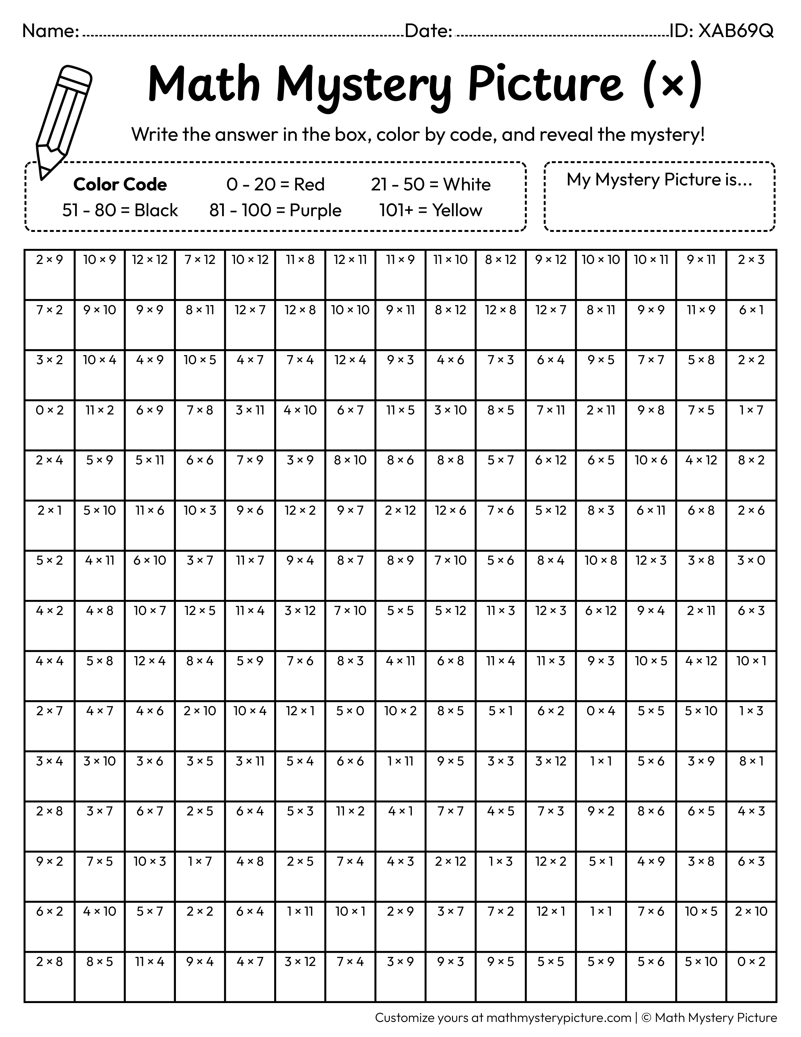 100th Day Calendar Multiplication Facts Math Mystery Picture Coloring Worksheet