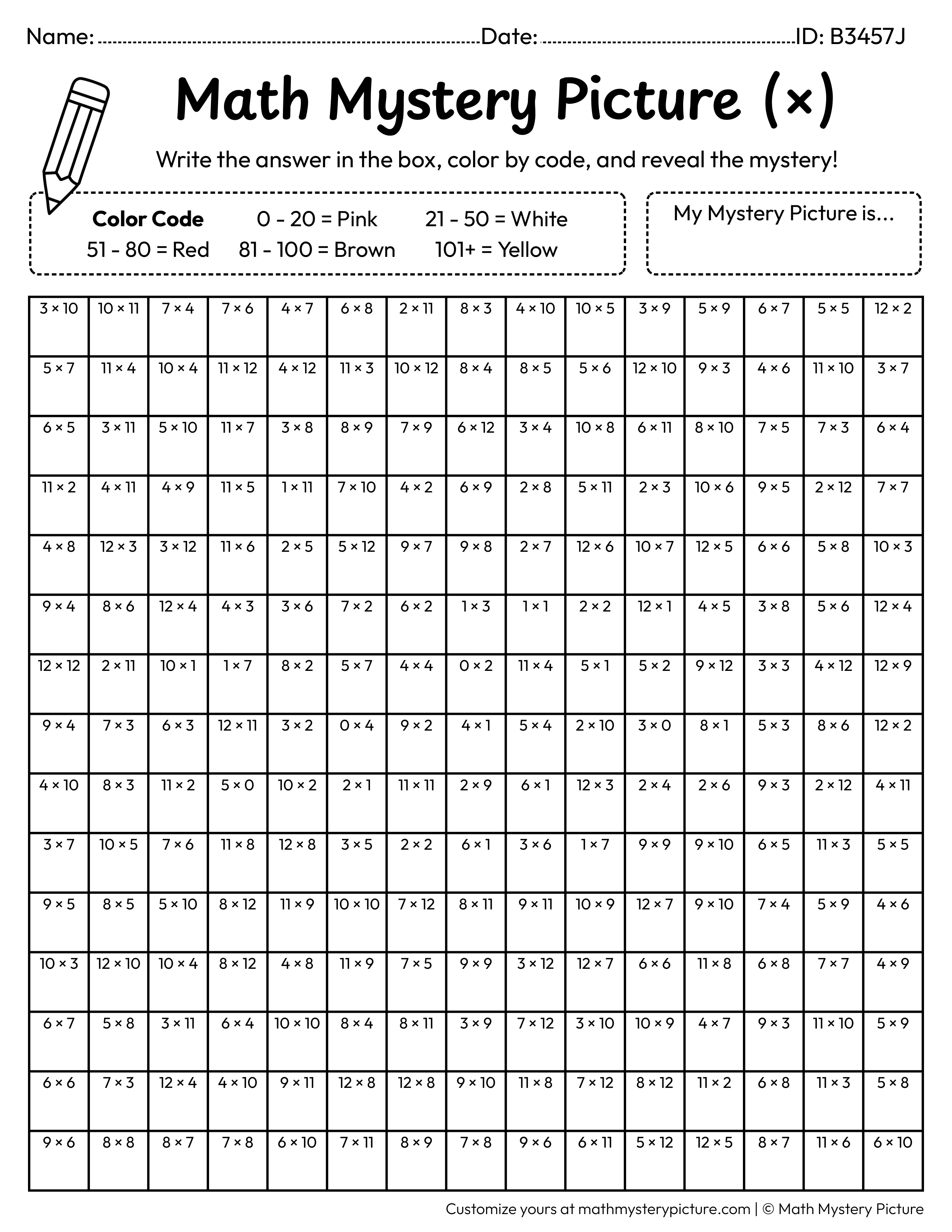 100th Day Cupcake Multiplication Facts Math Mystery Picture Coloring Worksheet