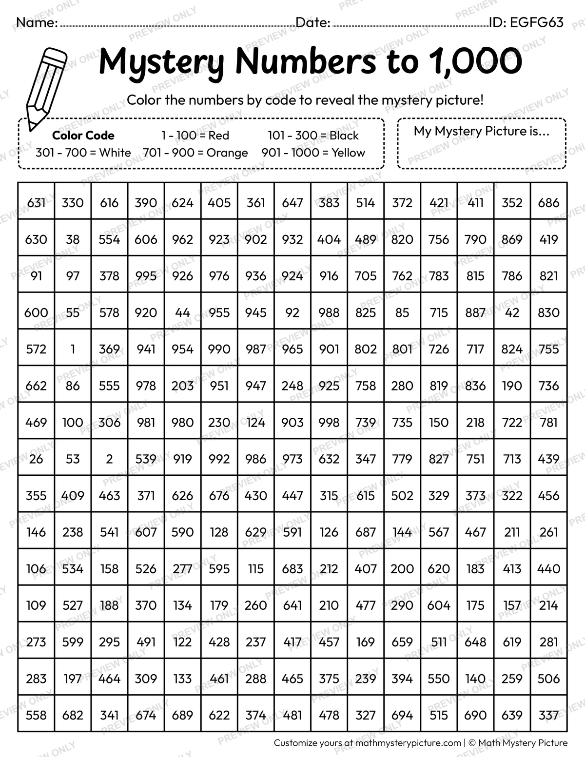 100 Happy Days Numbers to 1,000 Math Mystery Picture Coloring Worksheet