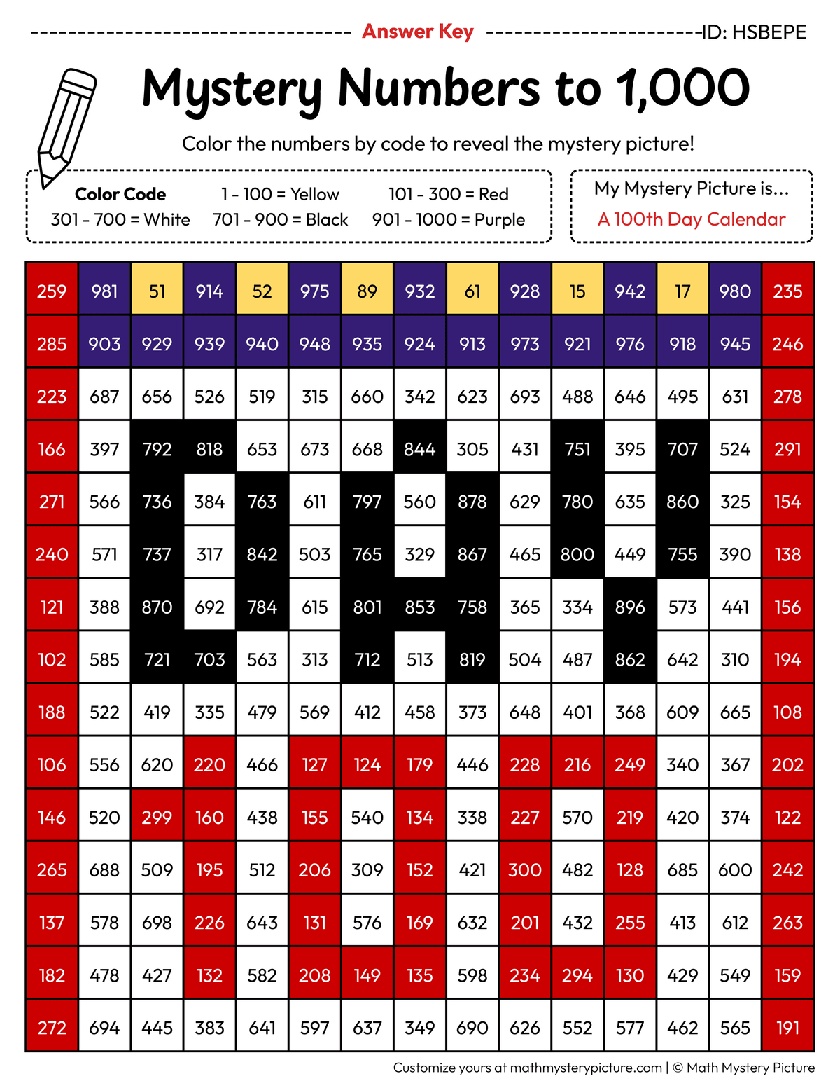 100th Day Calendar Numbers to 1,000 Math Mystery Picture Color by Number Answer Key