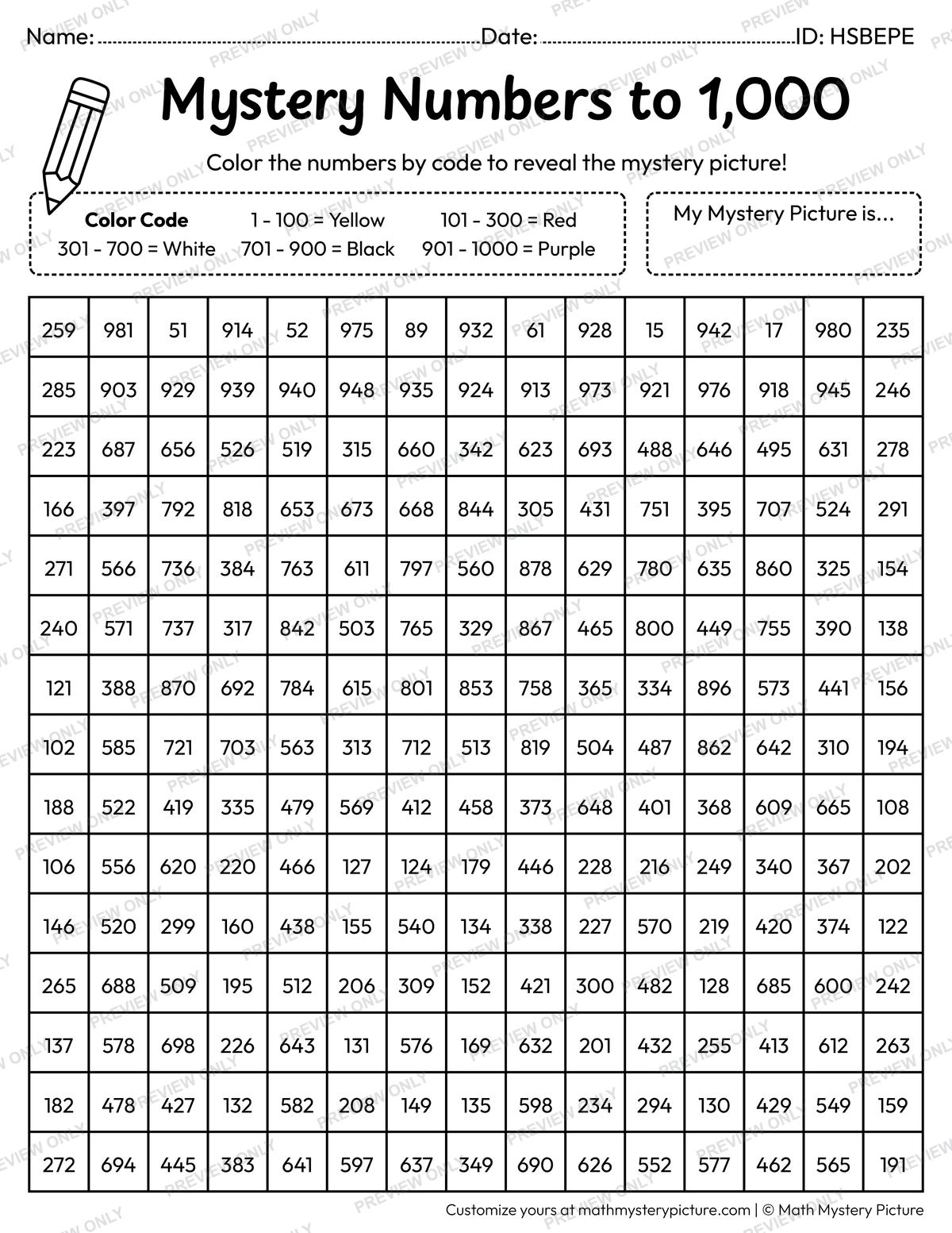 100th Day Calendar Numbers to 1,000 Math Mystery Picture Coloring Worksheet
