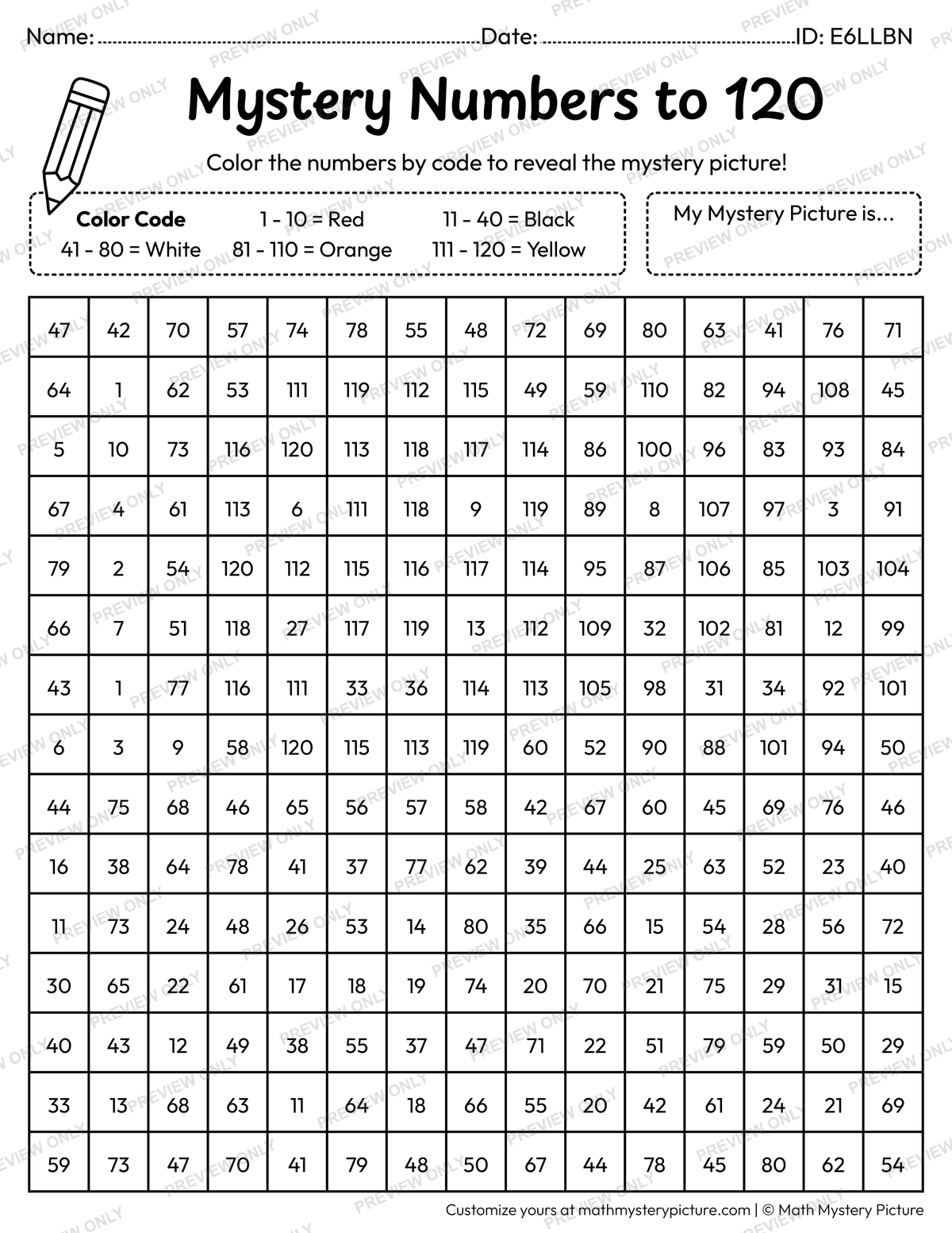 100 Happy Days Numbers to 120 Math Mystery Picture Coloring Worksheet