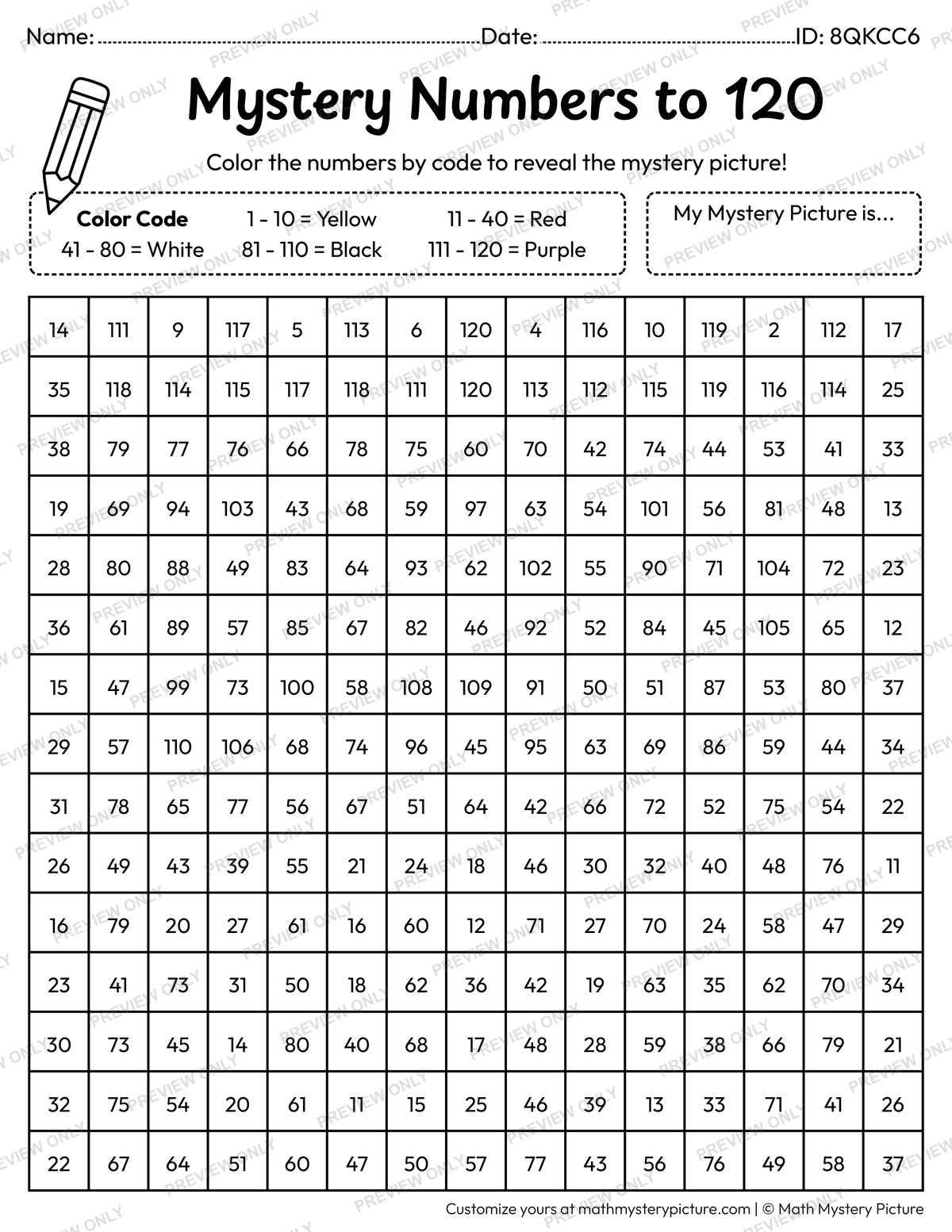 100th Day Calendar Numbers to 120 Math Mystery Picture Coloring Worksheet