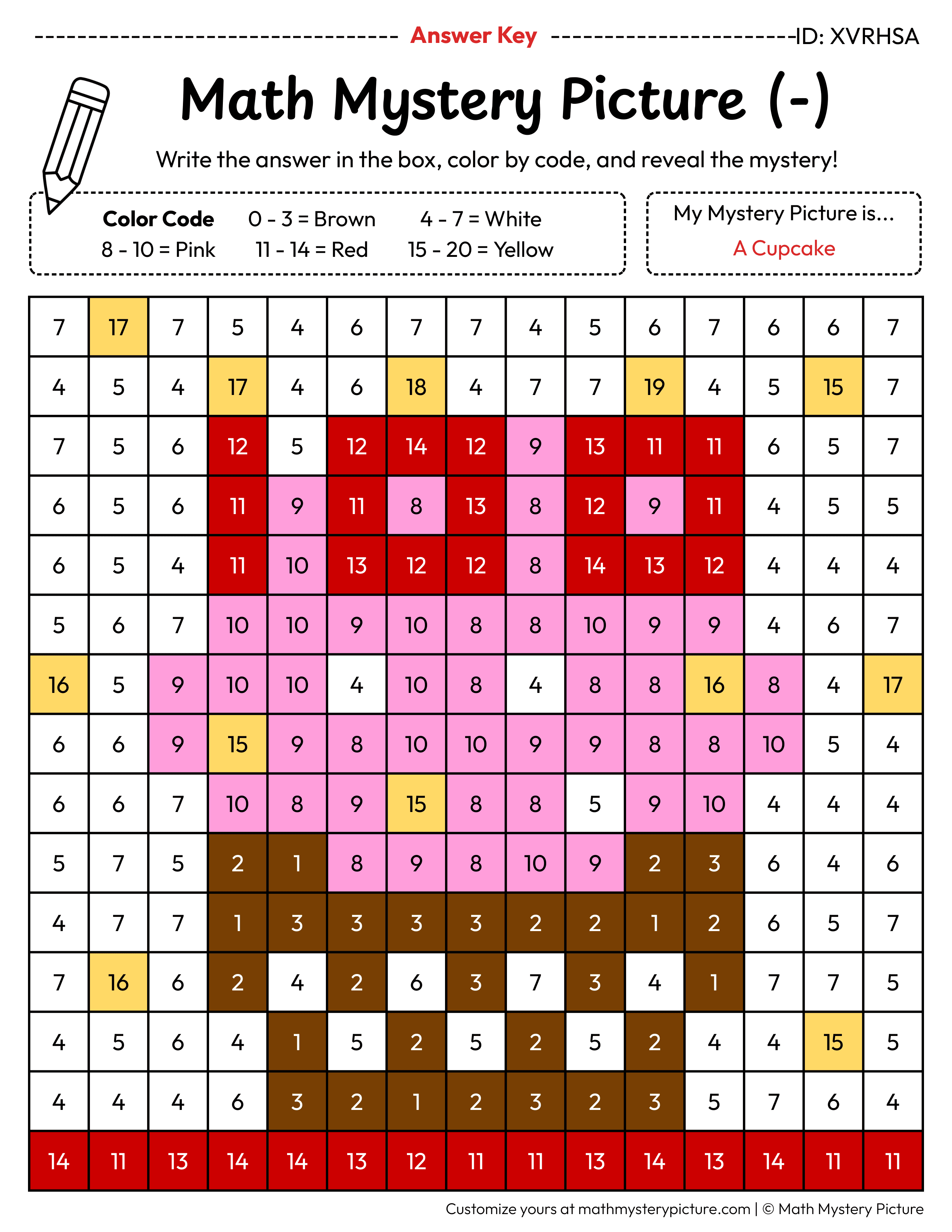 100th Day Cupcake Subtraction Within 20 Math Mystery Picture Color by Number Answer Key