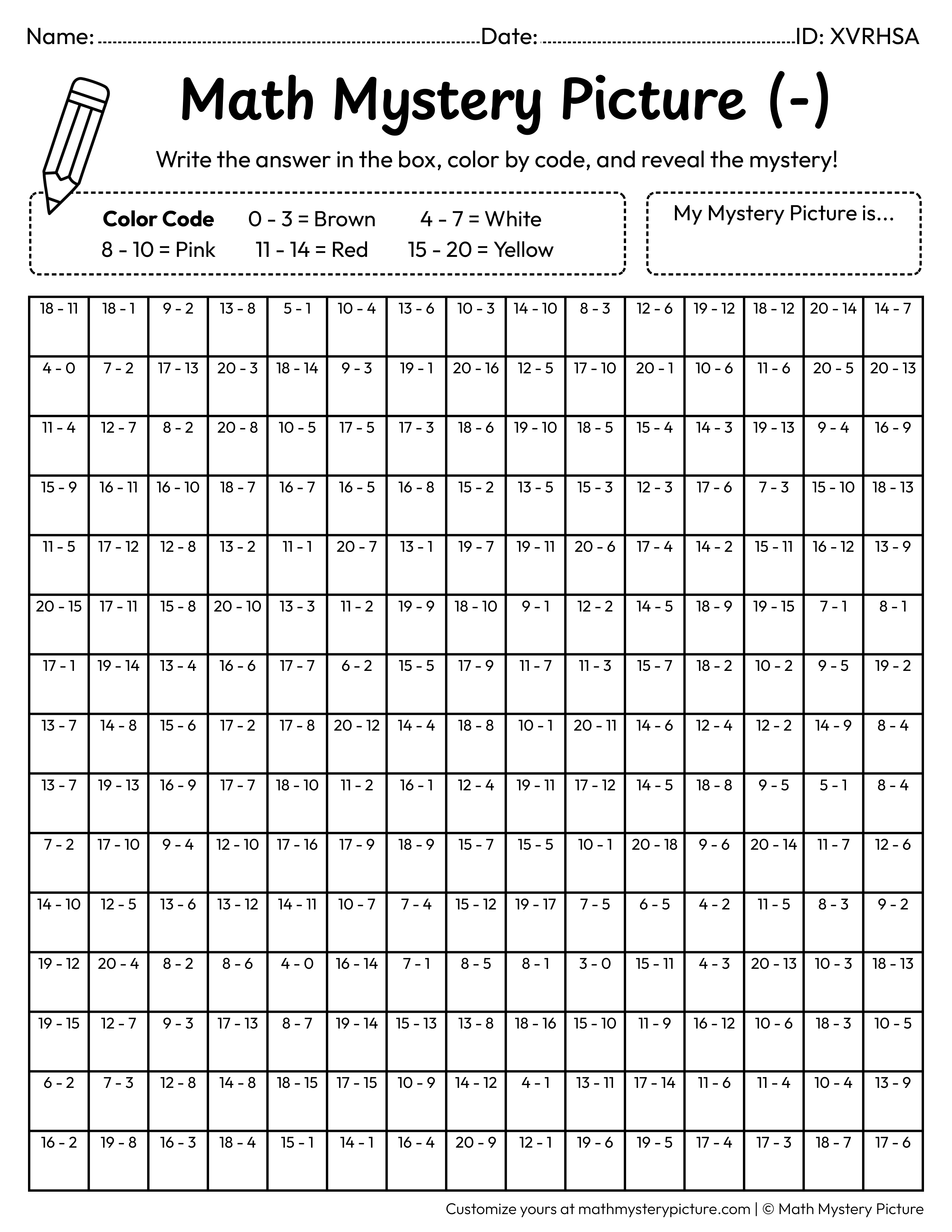 100th Day Cupcake Subtraction Within 20 Math Mystery Picture Coloring Worksheet
