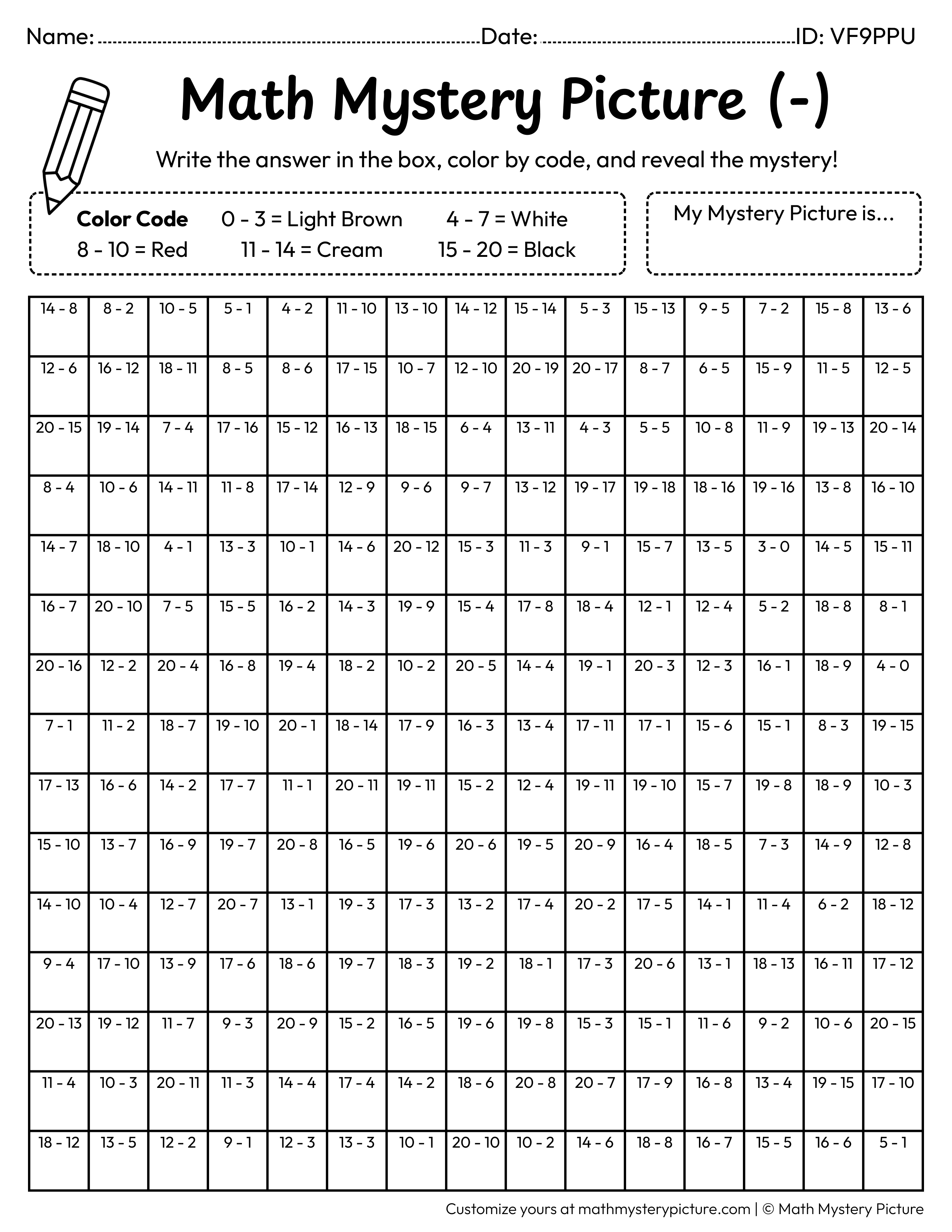 100th Day Smart Kid Subtraction Within 20 Math Mystery Picture Coloring Worksheet