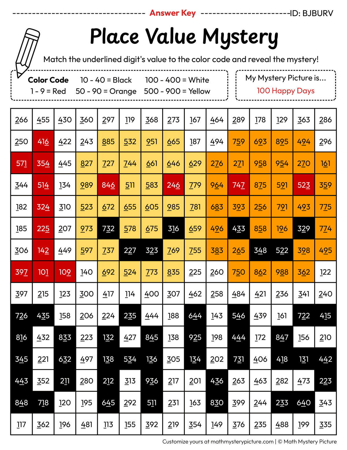 100 Happy Days Value of Underlined Digit Math Mystery Picture Color by Number Answer Key