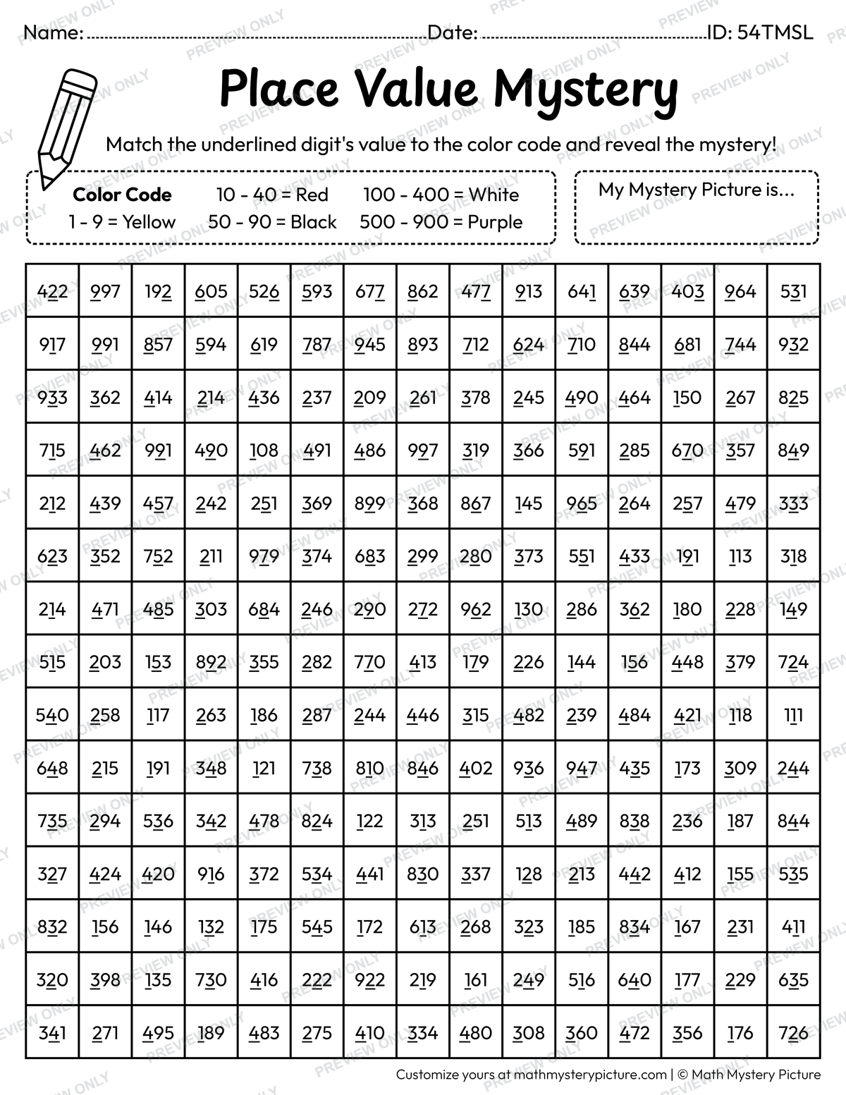 100th Day Calendar Value of Underlined Digit Math Mystery Picture Coloring Worksheet