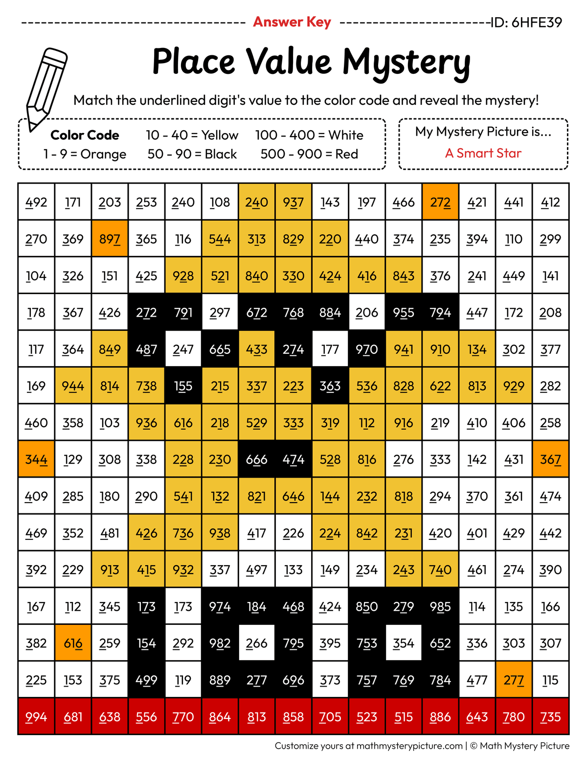100th Day Smart Star Value of Underlined Digit Math Mystery Picture Color by Number Answer Key