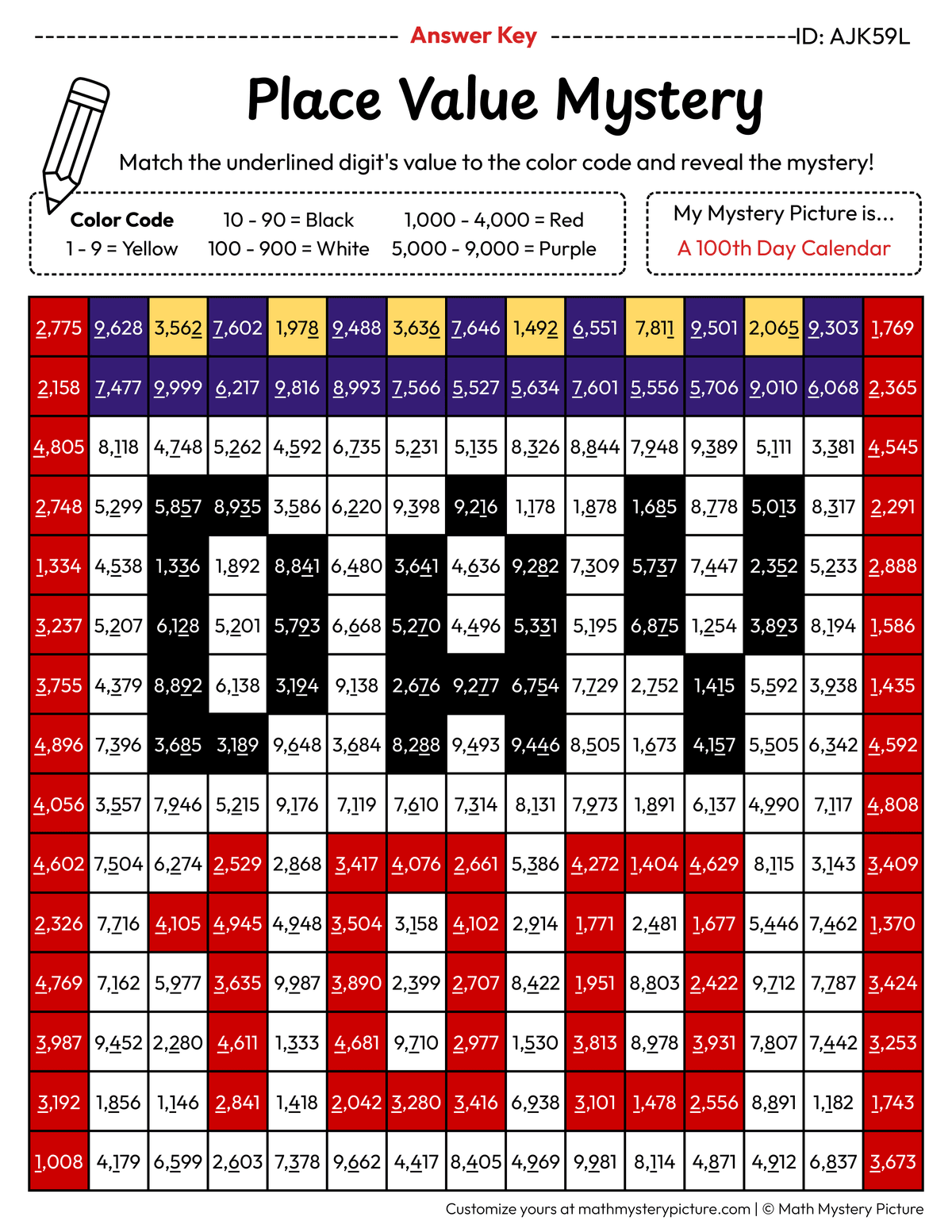 100th Day Calendar Value of Underlined Digit Math Mystery Picture Color by Number Answer Key