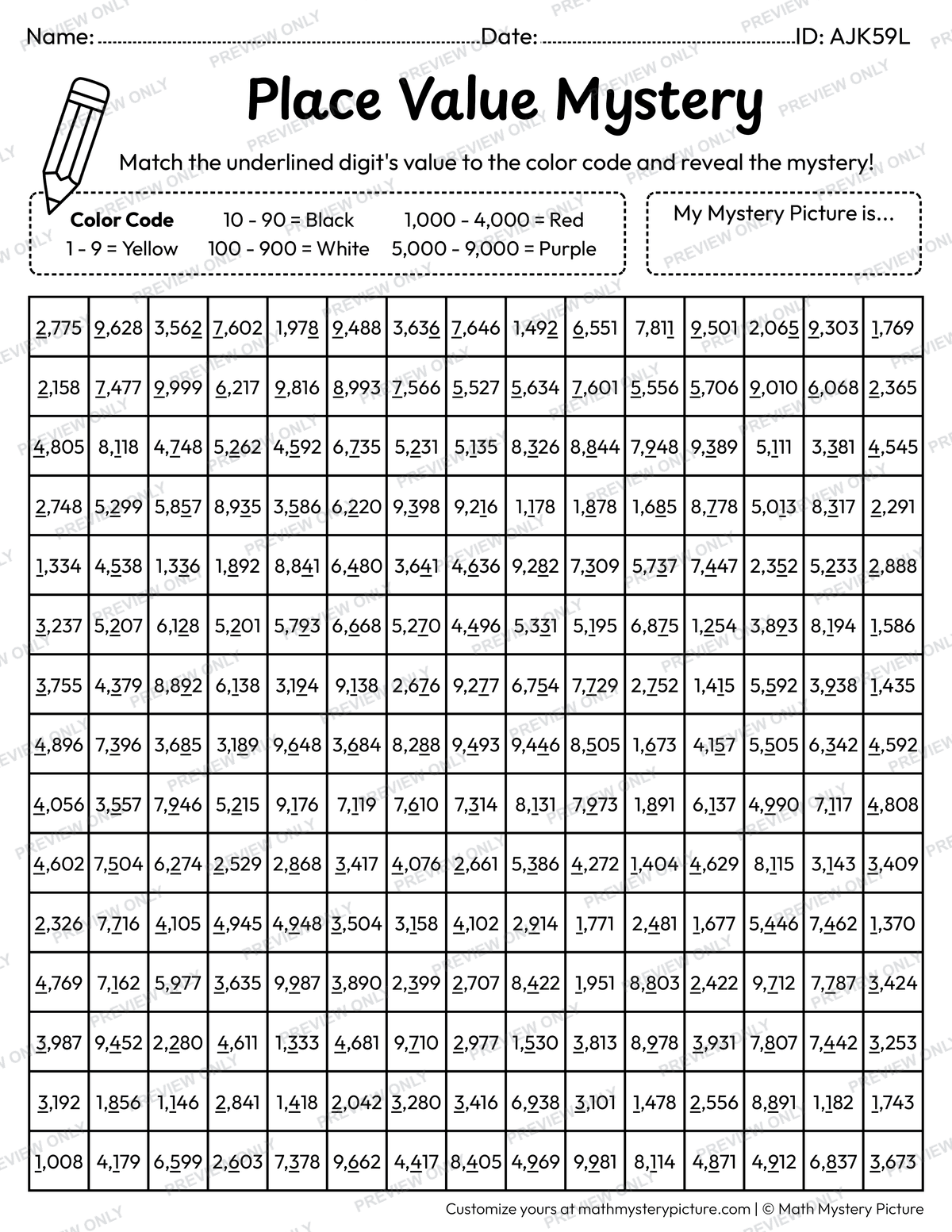 100th Day Calendar Value of Underlined Digit Math Mystery Picture Coloring Worksheet