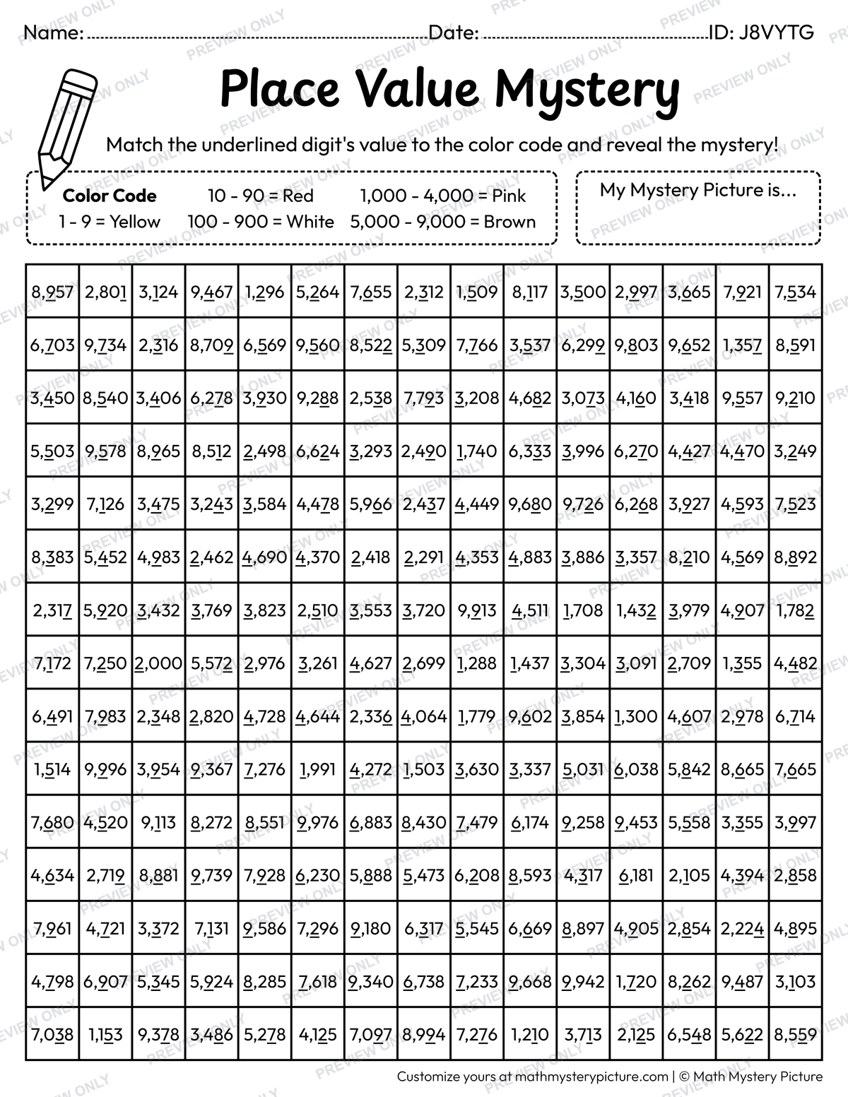 100th Day Cupcake Value of Underlined Digit Math Mystery Picture Coloring Worksheet