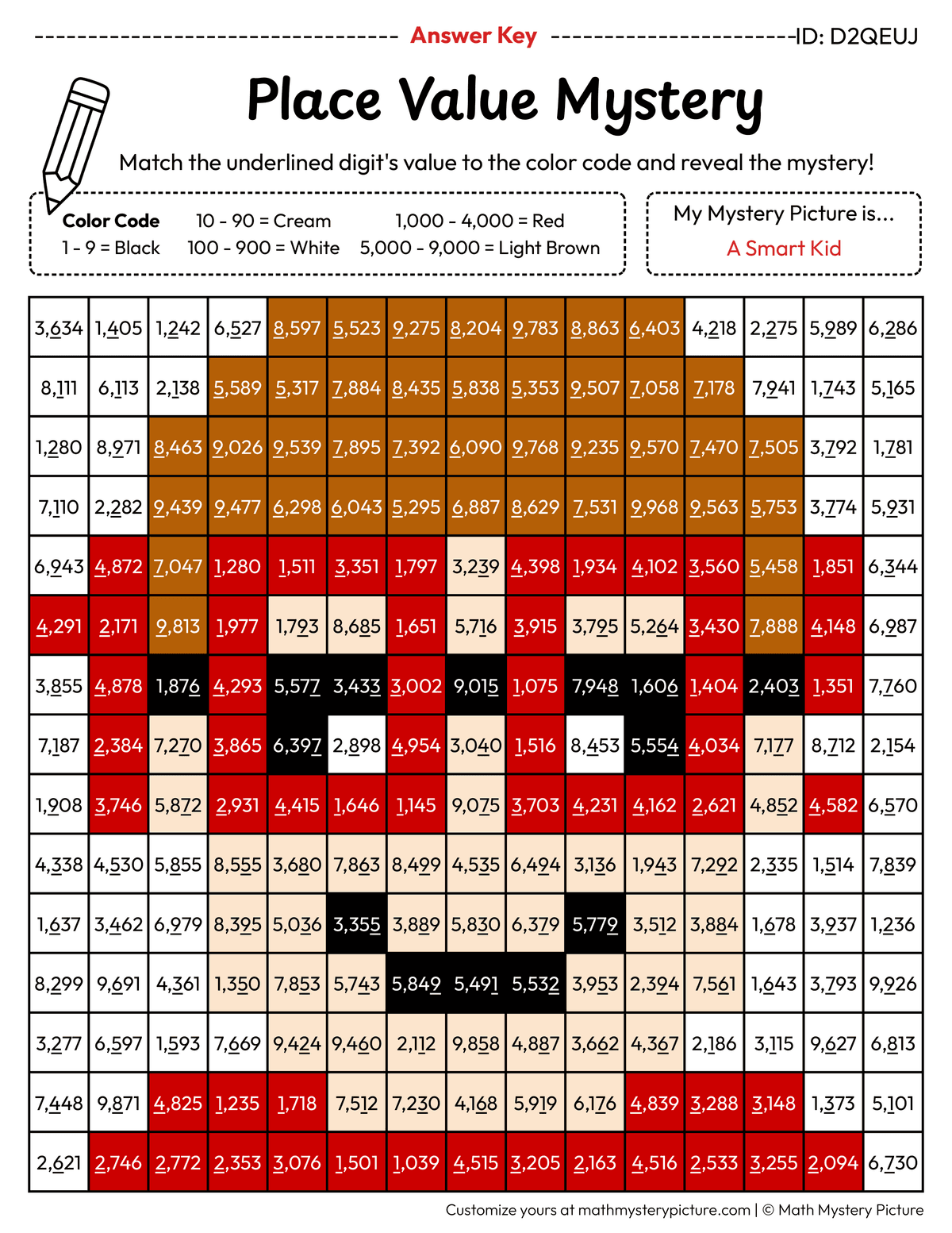 100th Day Smart Kid Value of Underlined Digit Math Mystery Picture Color by Number Answer Key