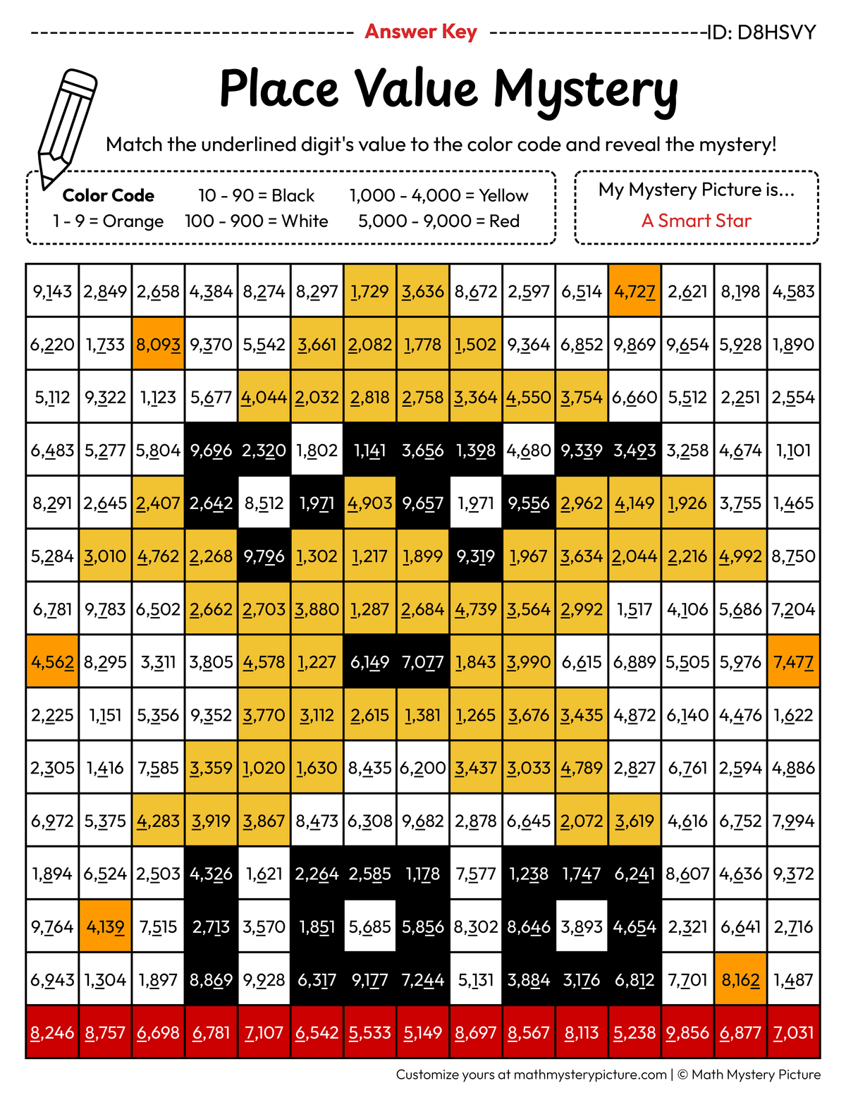 100th Day Smart Star Value of Underlined Digit Math Mystery Picture Color by Number Answer Key