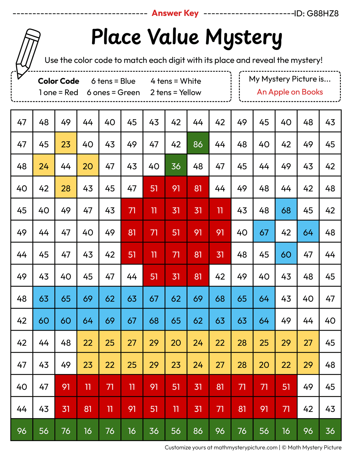 Back to School Apple on Books 2-digit Place Value Math Mystery Picture Color by Number Answer Key