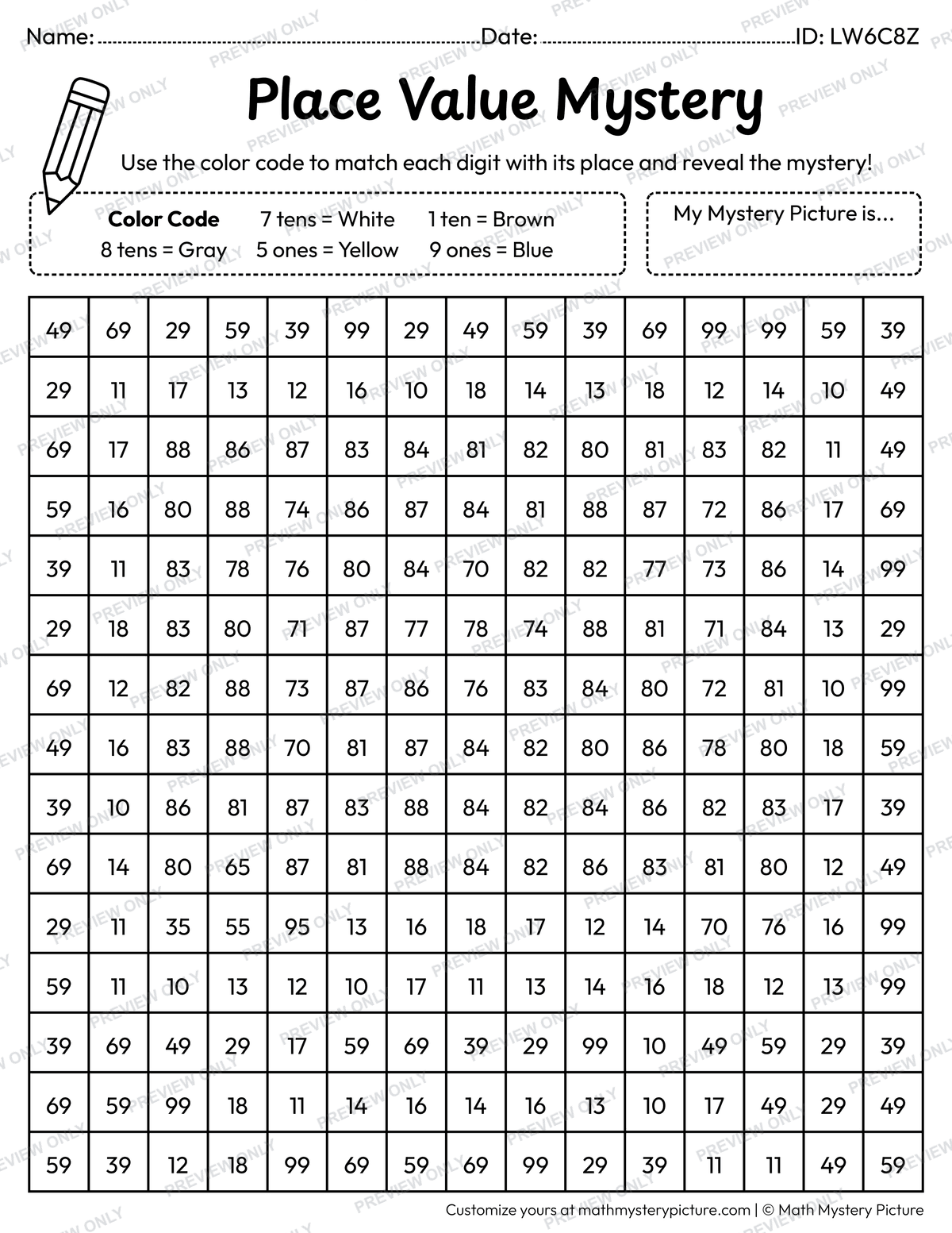 Back to School Blackboard 2-digit Place Value Math Mystery Picture Coloring Worksheet