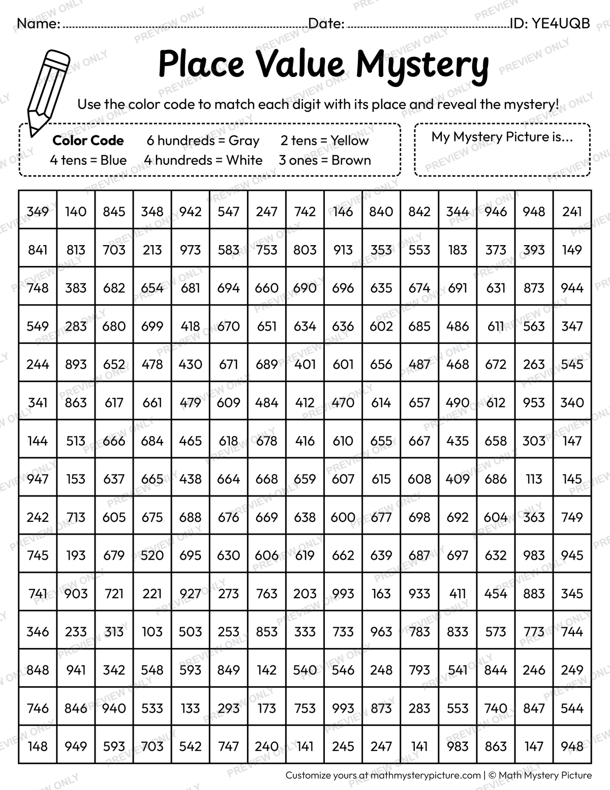 Back to School Blackboard 3-digit Place Value Math Mystery Picture Coloring Worksheet