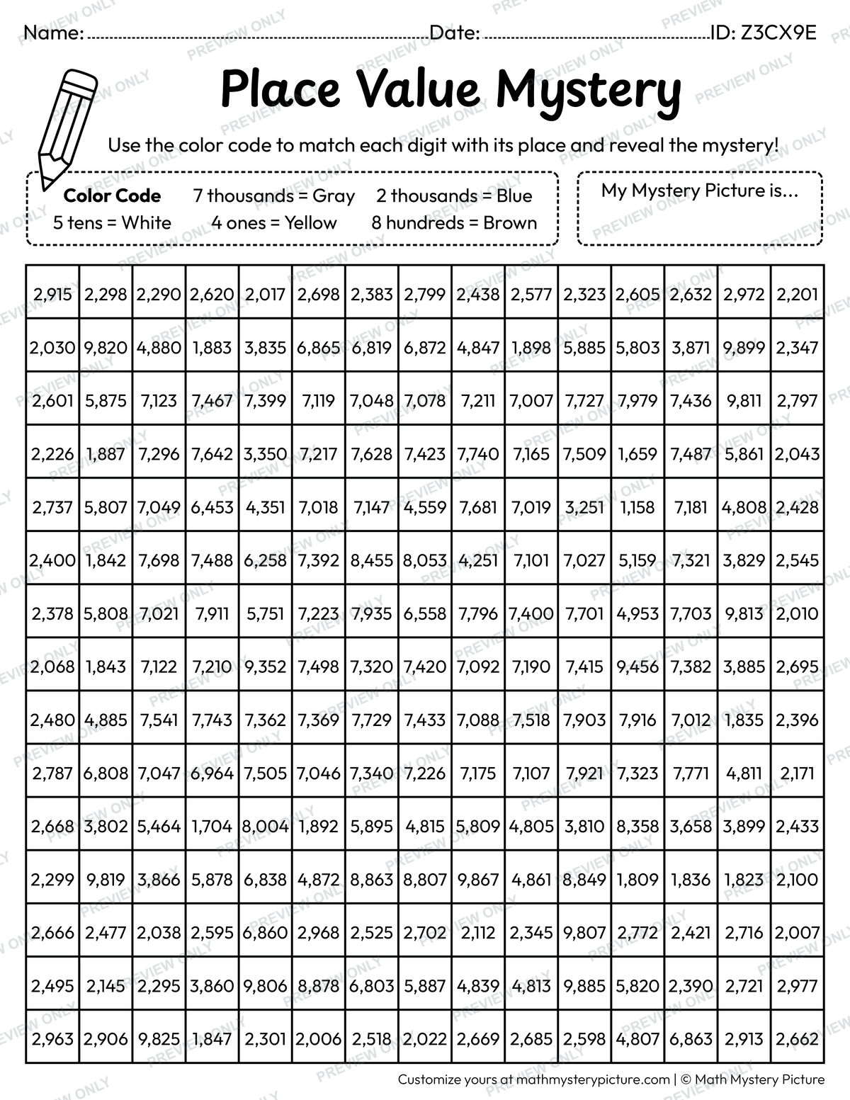 Back to School Blackboard 4-digit Place Value Math Mystery Picture Coloring Worksheet