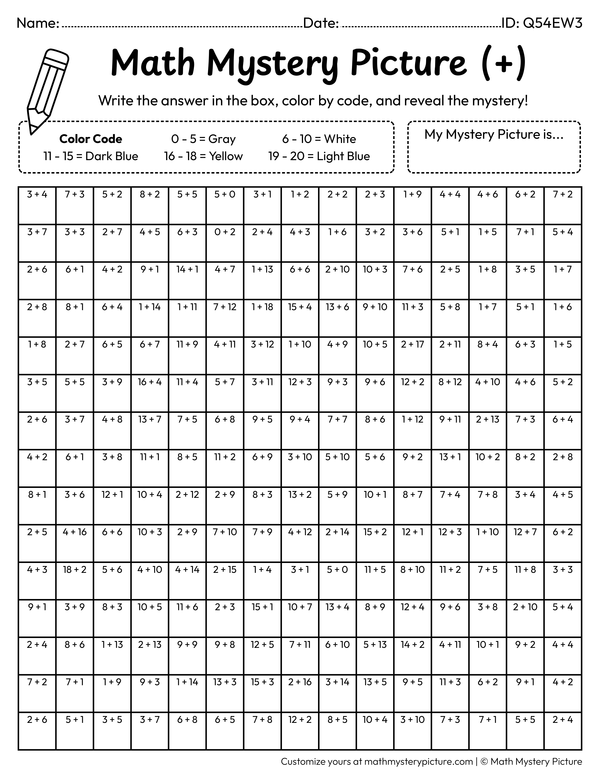 Back to School Backpack Addition Within 20 Math Mystery Picture Coloring Worksheet