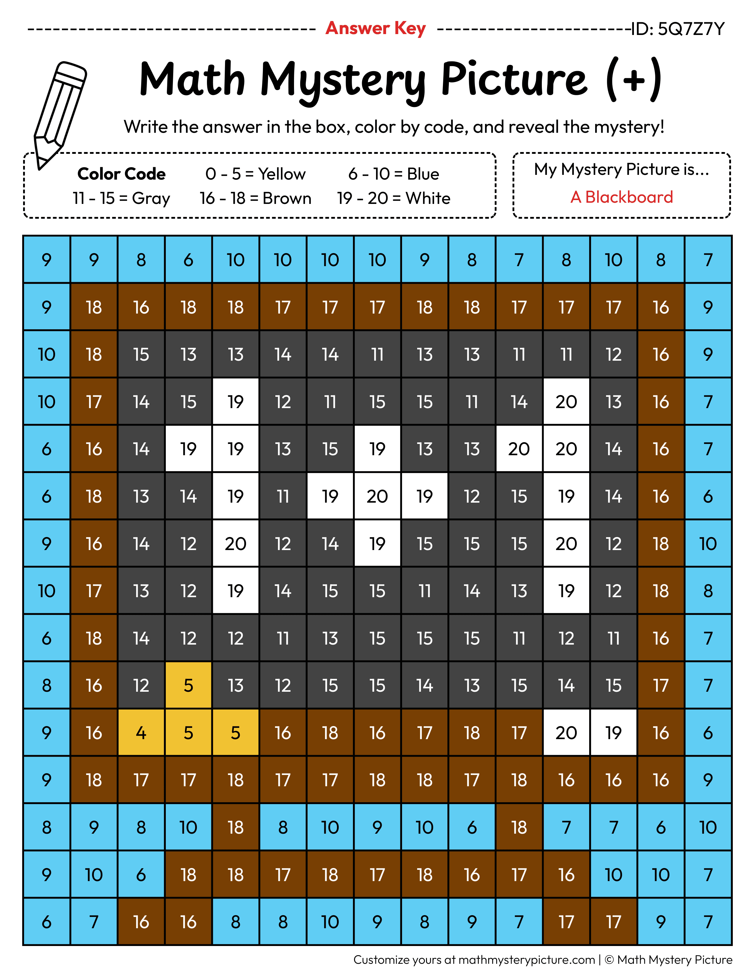 Back to School Blackboard Addition Within 20 Math Mystery Picture Color by Number Answer Key