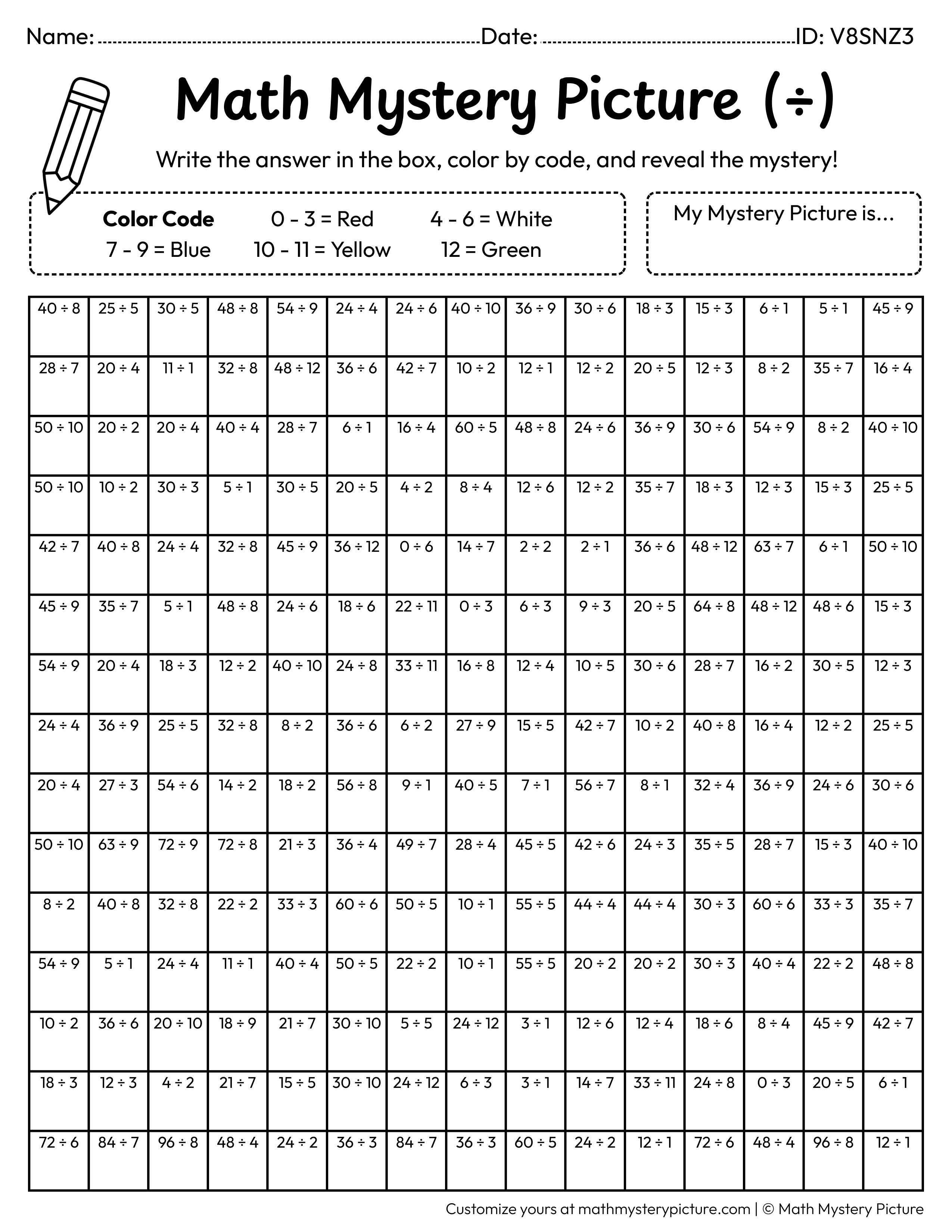 Back to School Apple on Books Division Facts Math Mystery Picture Coloring Worksheet