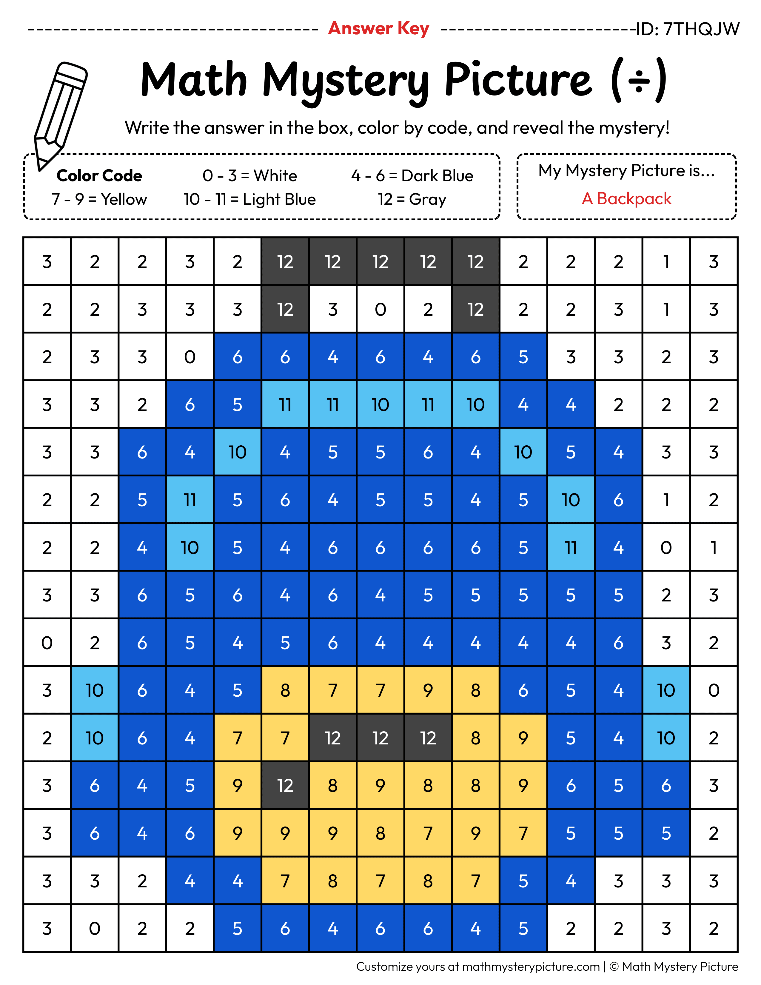 Back to School Backpack Division Facts Math Mystery Picture Color by Number Answer Key