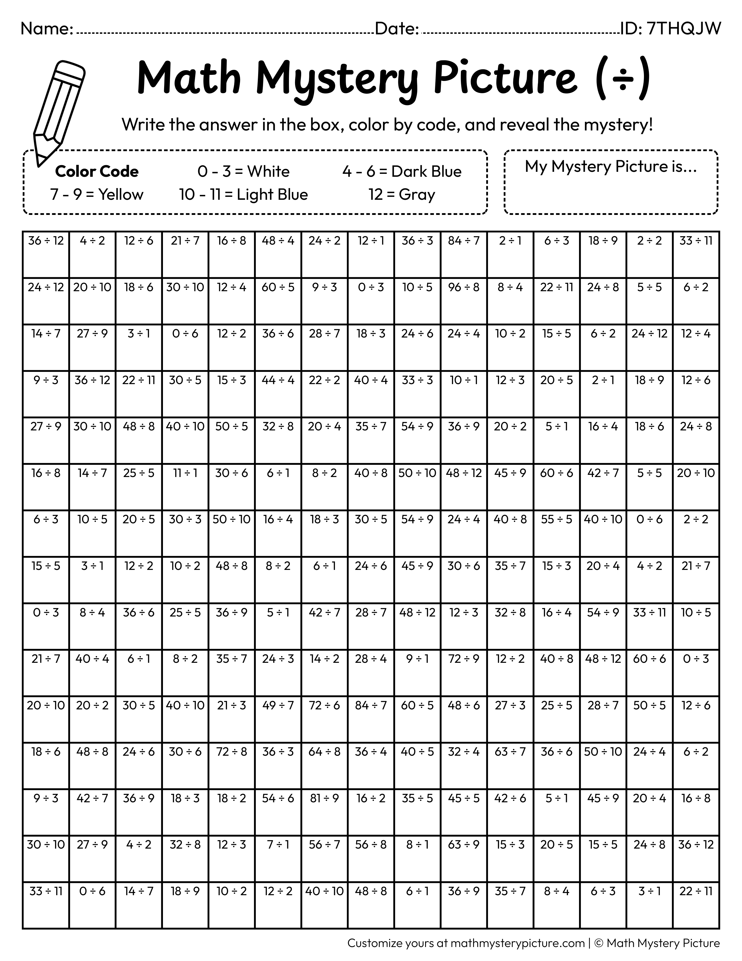 Back to School Backpack Division Facts Math Mystery Picture Coloring Worksheet